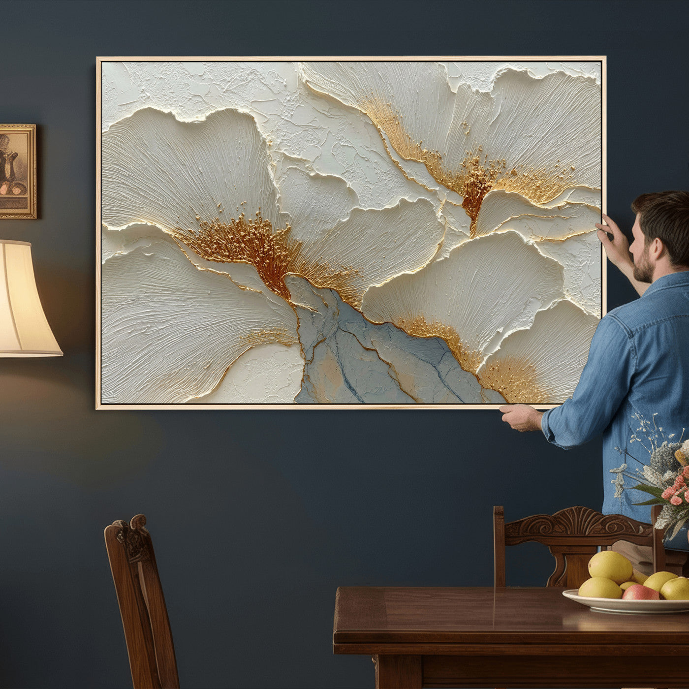 4712069F1-MGV-CV-36X24 - White Gold Floral Canvas Wall Art — Textured Flower Print | Luxury Botanical Decor | Elegant Bedroom Art | Gold Leaf Wall Art Gift