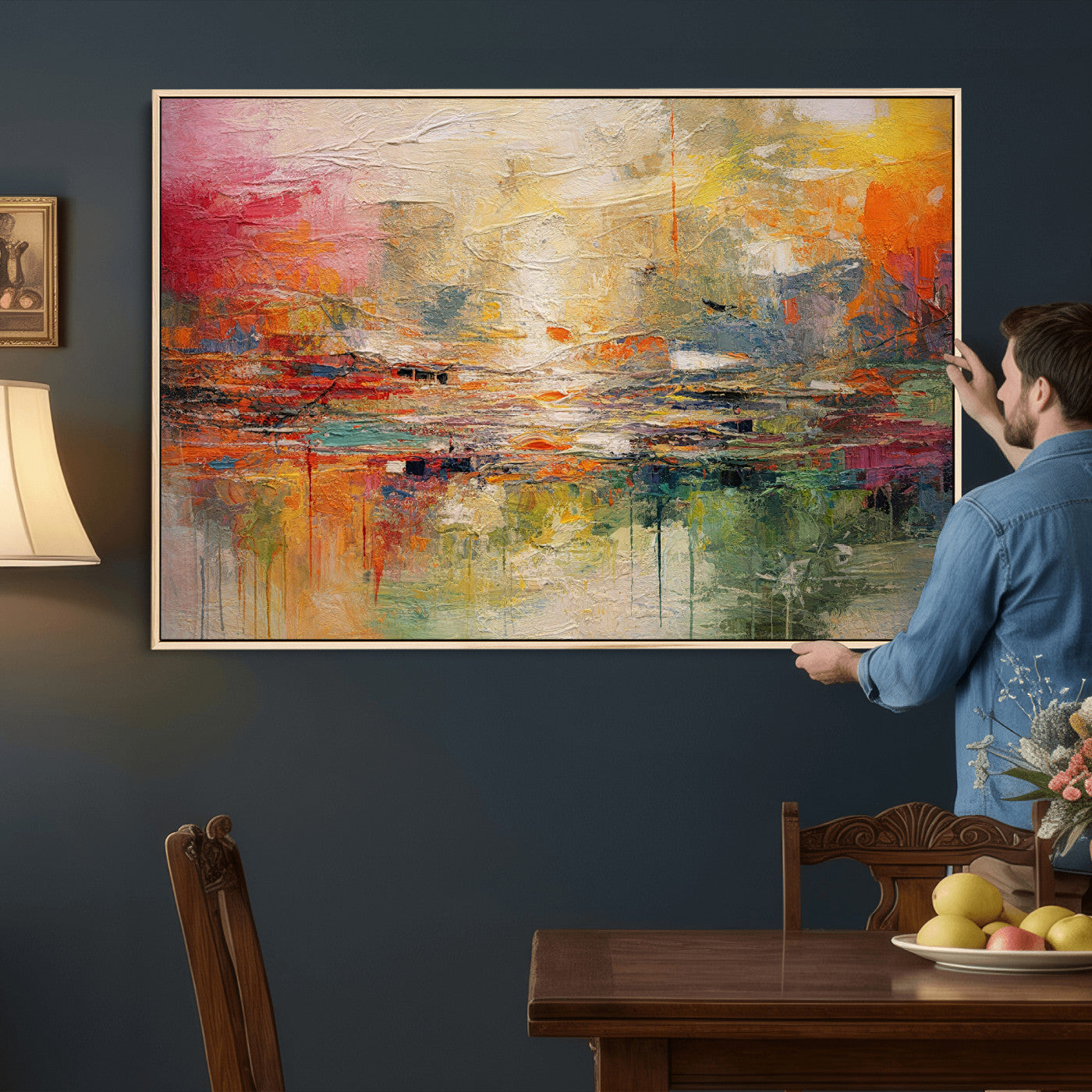 4712069P1-MGV-CV-36X24 - Colorful Abstract Canvas Wall Art — Large Textured Oil Painting Style Print | Orange Red Boho Wall Decor | Modern Living Room Art | Bold Wall Art