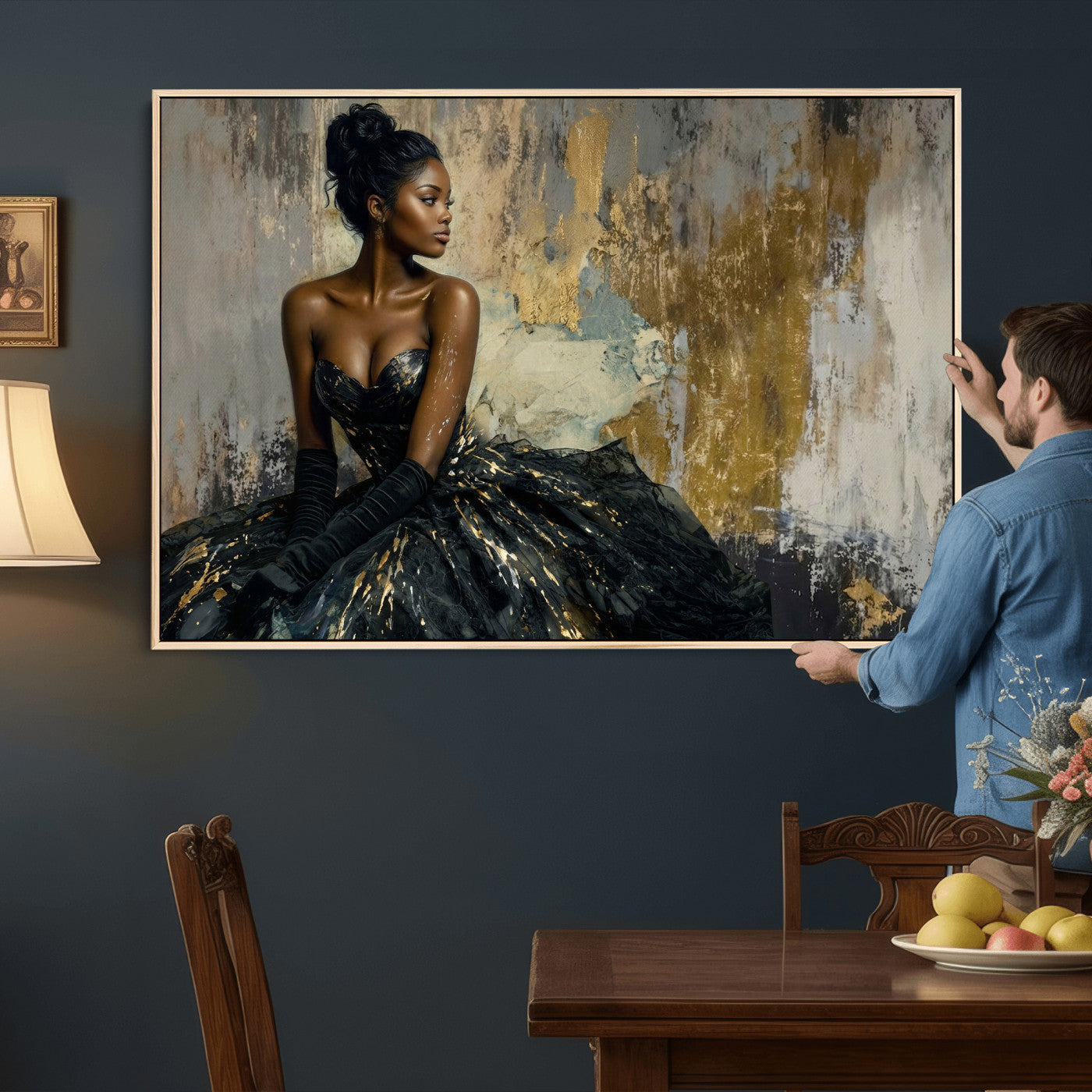 4712069Z1-MGV-CV-36X24 - Elegant Woman Canvas Wall Art — Black Gold Gown Fashion Print | Luxury Glam Wall Decor | African American Art | Bold Bedroom Wall Art Gift