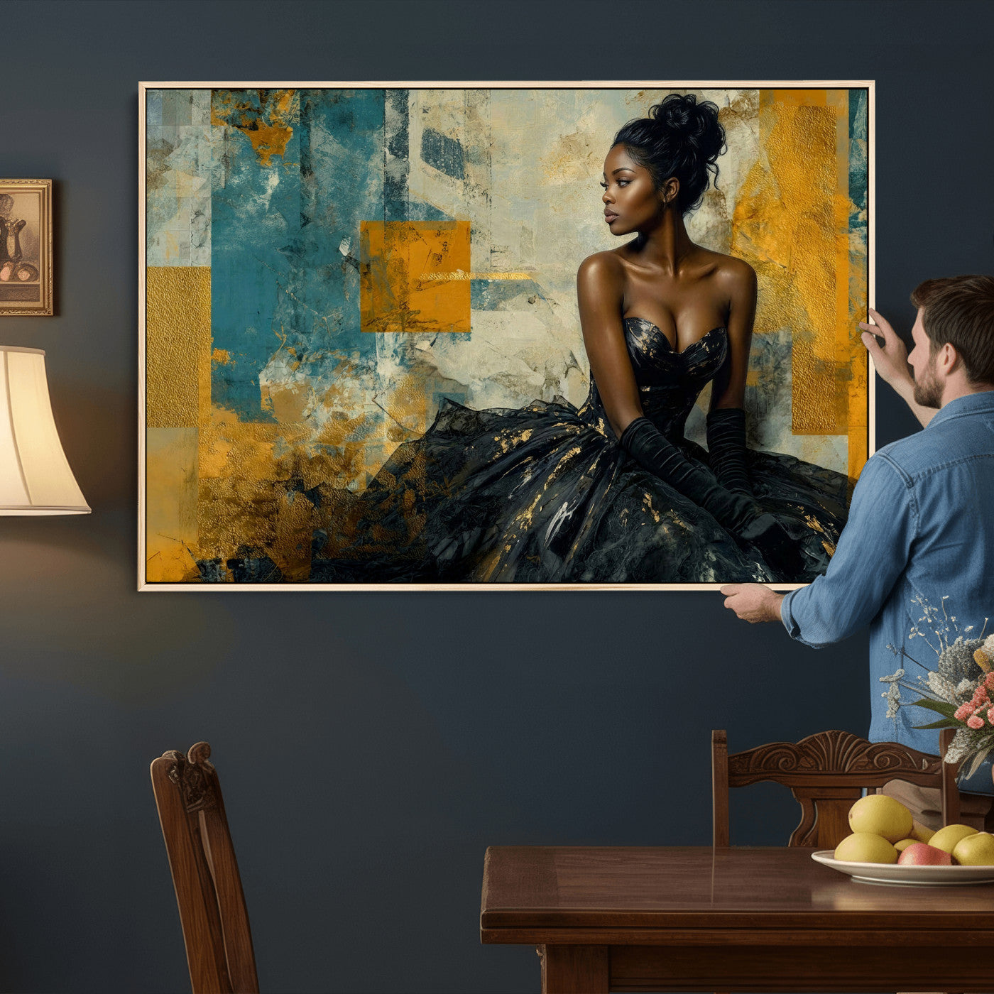 4712069Z21-MGV-CV-36X24 - Elegant Woman Canvas Wall Art — Black Gold Gown Fashion Print | Luxury Glam Wall Decor | African American Art | Bold Bedroom Wall Art Gift