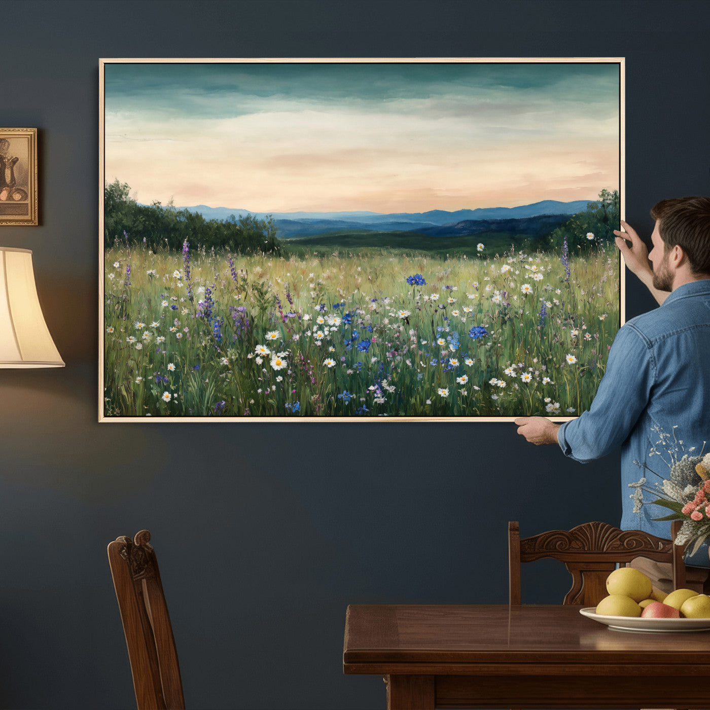35773805-MGV-CV-36X24 - Wildflower Meadow Oil Painting Canvas Print - Daisy Lavender Mountain Sunset Print | Cottagecore Floral Wall Art - Bedroom Decor Gift for Her