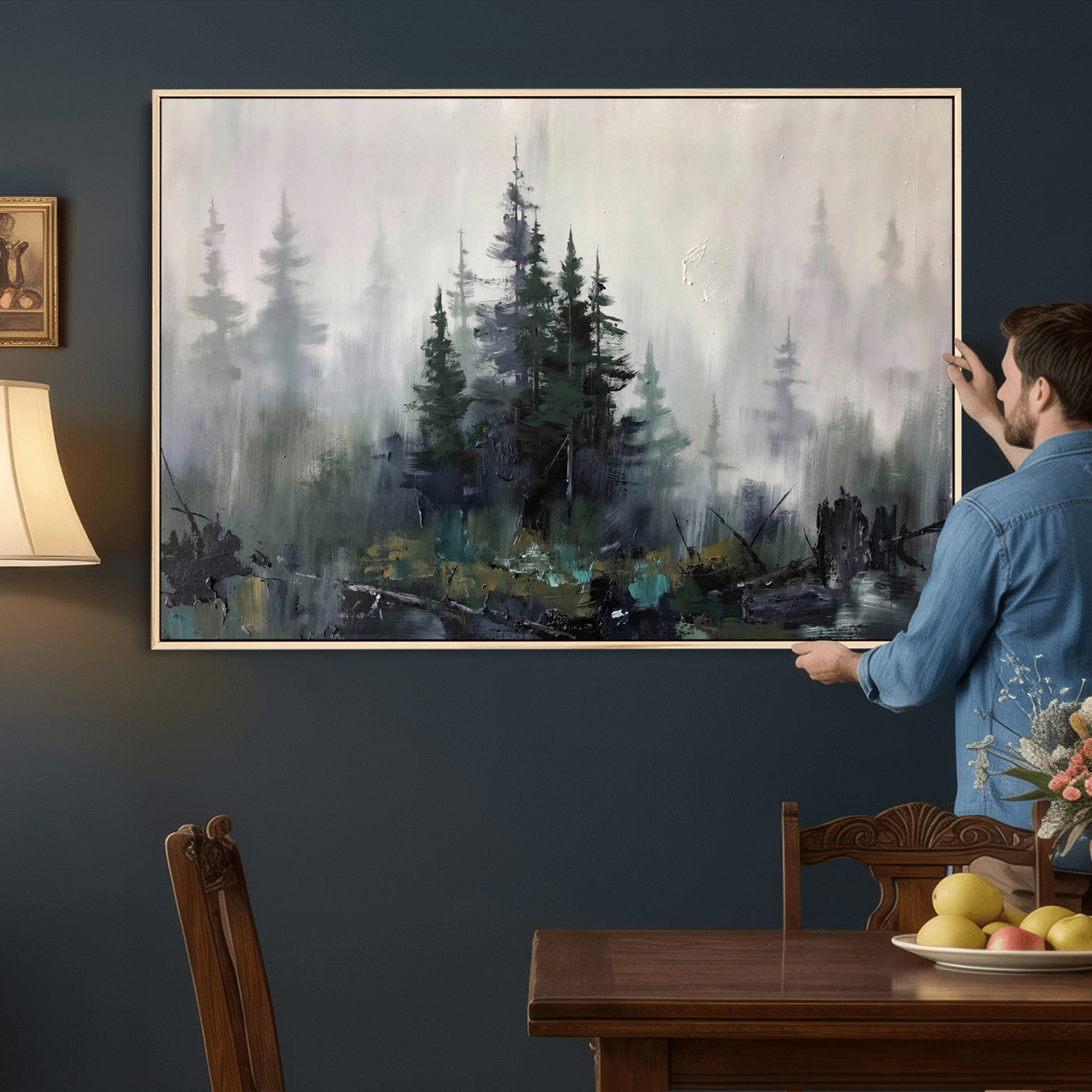 94143325-MGV-CV-36X24 - Misty Pine Forest Oil Painting Canvas — Dark Moody Teal Grey Tree Print | Japandi Scandinavian Wall Art | Minimalist Nature Decor Gift