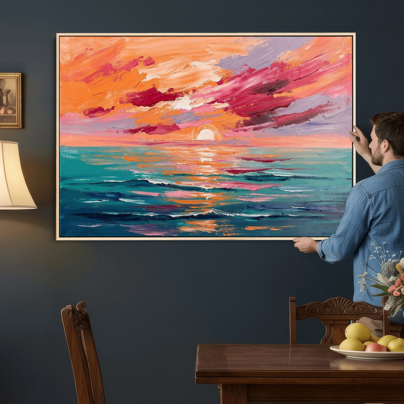 26763902-MGV-CV-36X24 - Bold Palette Knife Ocean Sunset Canvas — Orange Pink Teal Expressionist Sea Print | Colorful Coastal Wall Art | Vibrant Beach Decor Gift