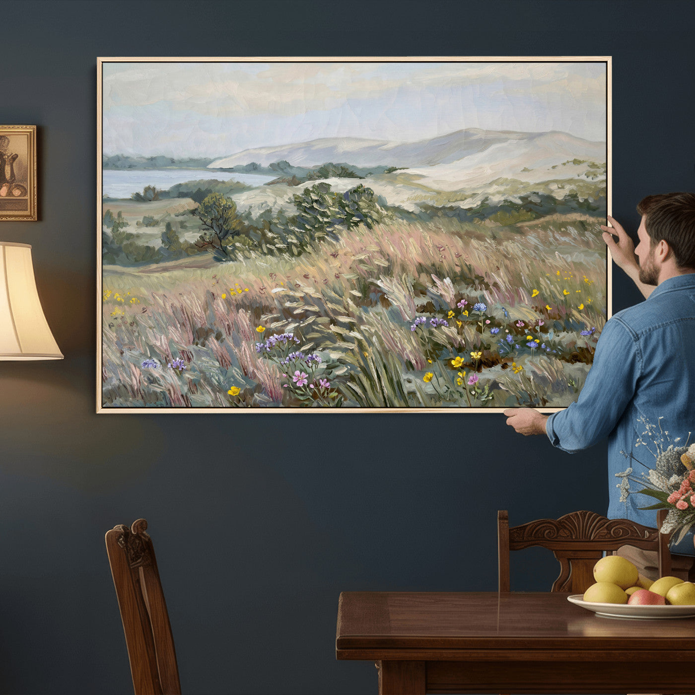 18013232-MGV-CV-36X24 - Katie Staples Hillside Canvas Wall Art — Coastal Wildflower Dune Oil Painting Print | Muted Green Nature Decor | Plein Air Landscape Gift