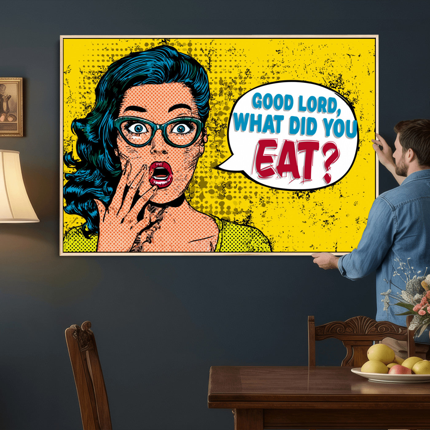 88217969-MGV-CV-36X24 - Pop Art Print Bathroom Sign Wall Art Canvas Print — Funny Bathroom Canvas | Comic Style Toilet Wall Decor | Humor Gift | Yellow Bold Bathroom Art