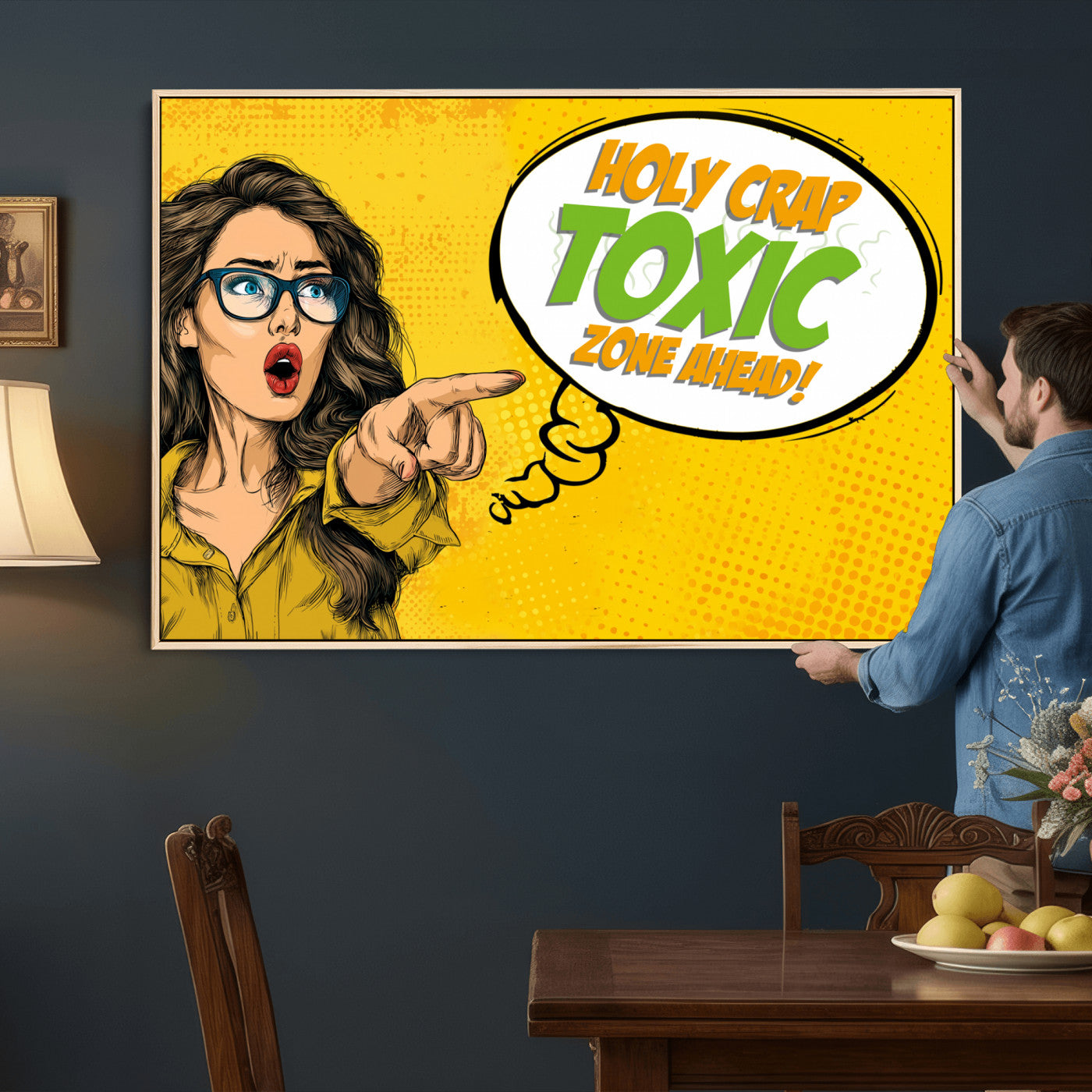 79156505-MGV-CV-36X24 - Pop Art Print Bathroom Sign Wall Art Canvas Print — Funny Bathroom Canvas | Comic Style Toilet Wall Decor | Humor Gift | Yellow Bold Bathroom Art