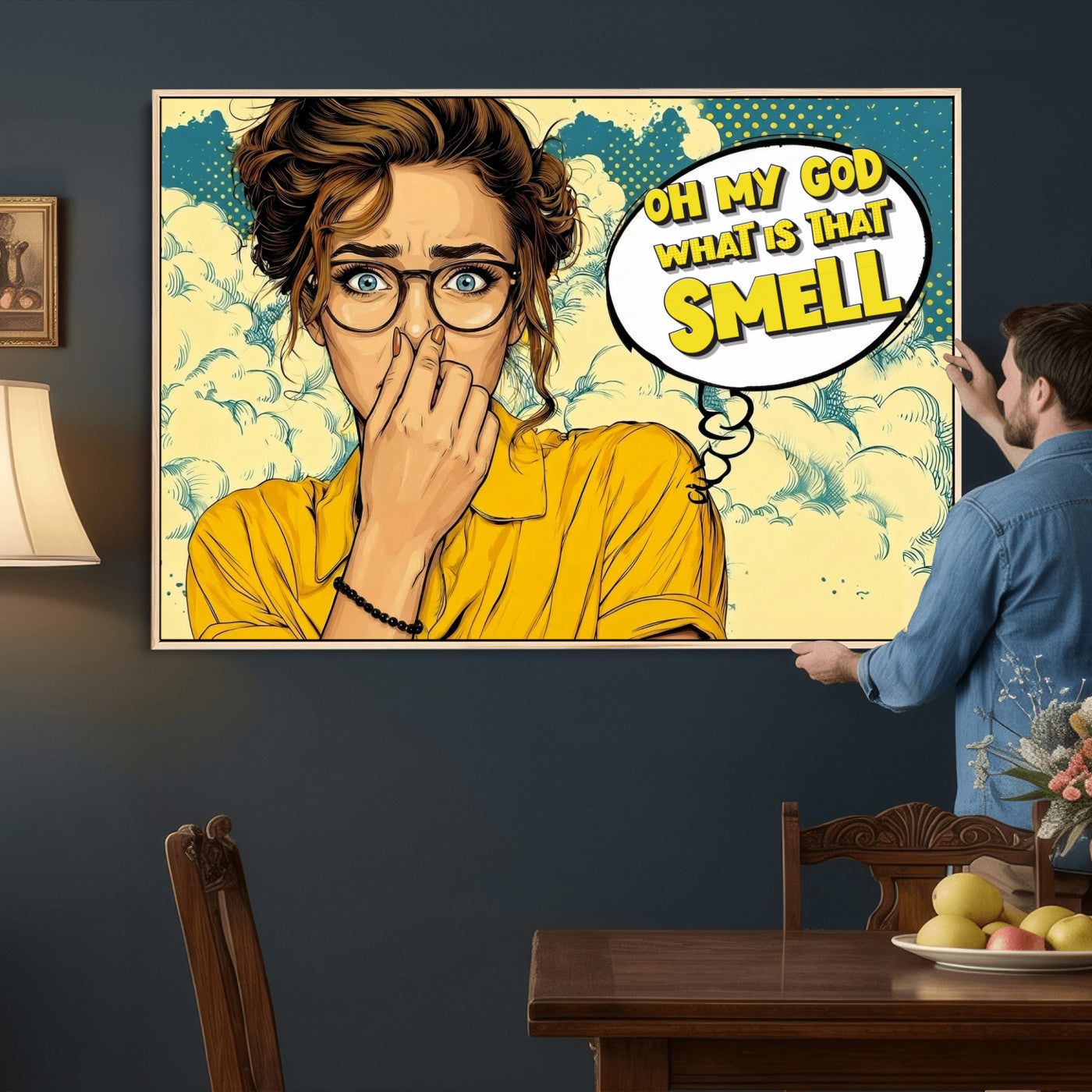 B79156505-MGV-CV-36X24 - Pop Art Print Bathroom Sign Wall Art Canvas Print — Funny Bathroom Canvas | Comic Style Toilet Wall Decor | Humor Gift | What is that Smell