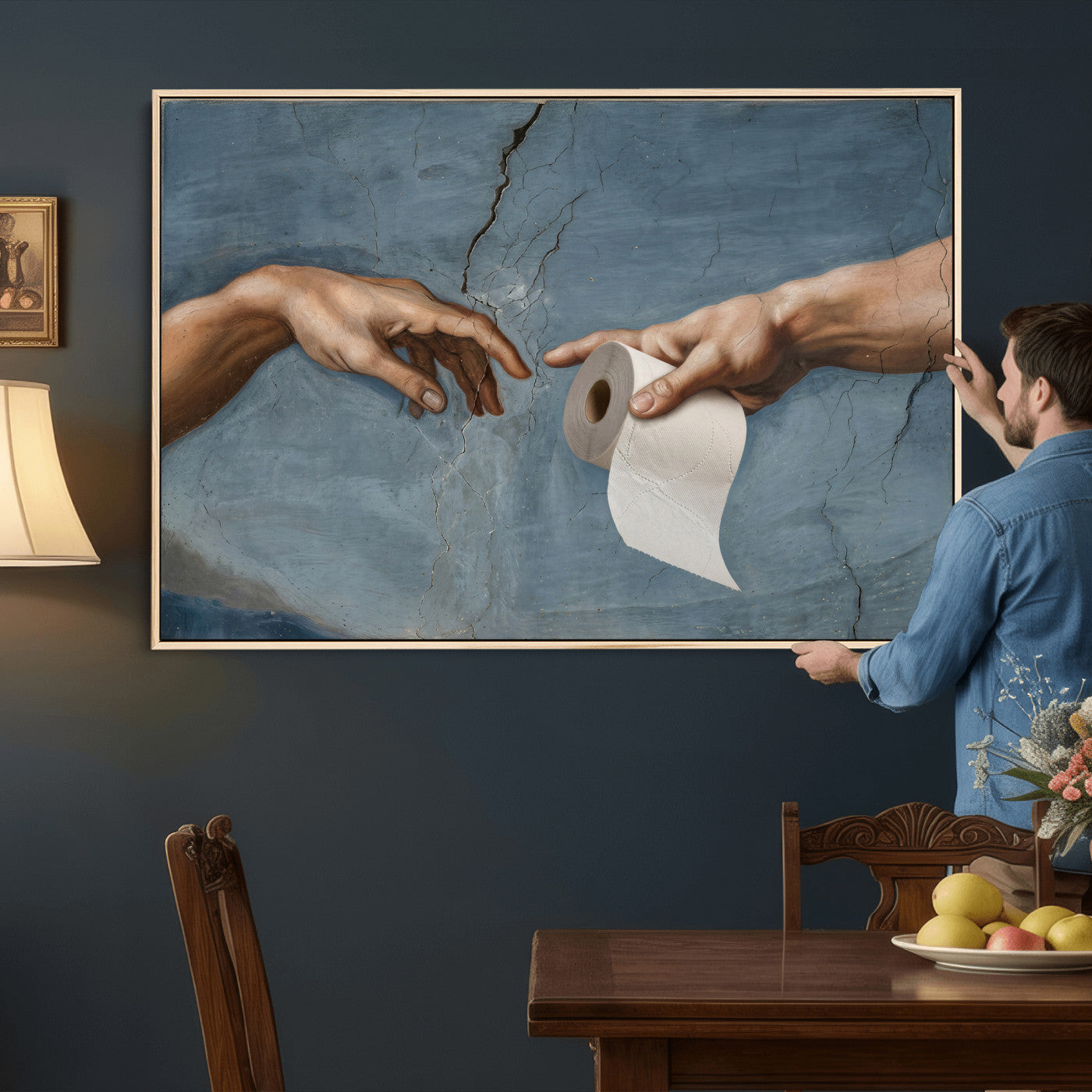 42648143-MGV-CV-36X24 - Funny Bathroom Canvas Wall Art, Michelangelo Creation of Adam Toilet Paper Parody, Renaissance Humor Print, Quirky Housewarming Gift, Toilet Room Decor