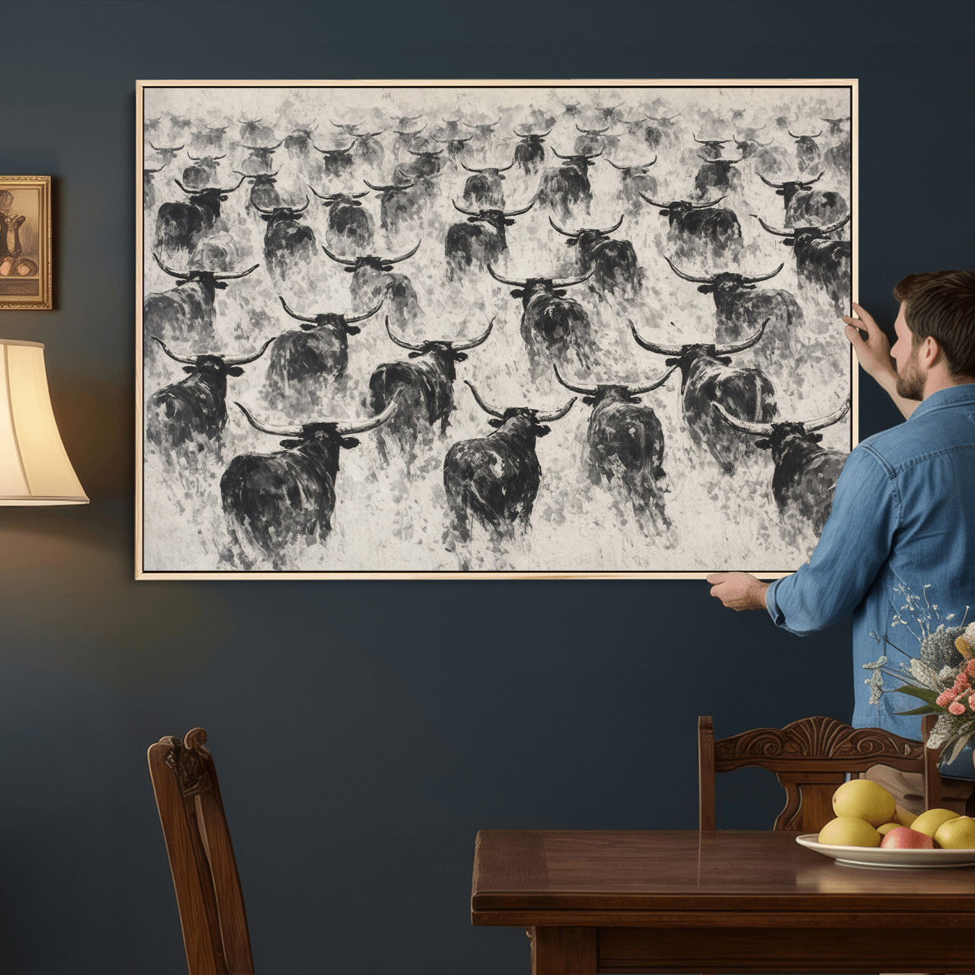 73328525-MGV-CV-36X24 - Texas Longhorn Drawing Canvas Wall Art, Western Cattle Stampede Painting Print, Warm Amber Ranch Decor, Rustic Cowboy Home Art, Large Living Room Decor