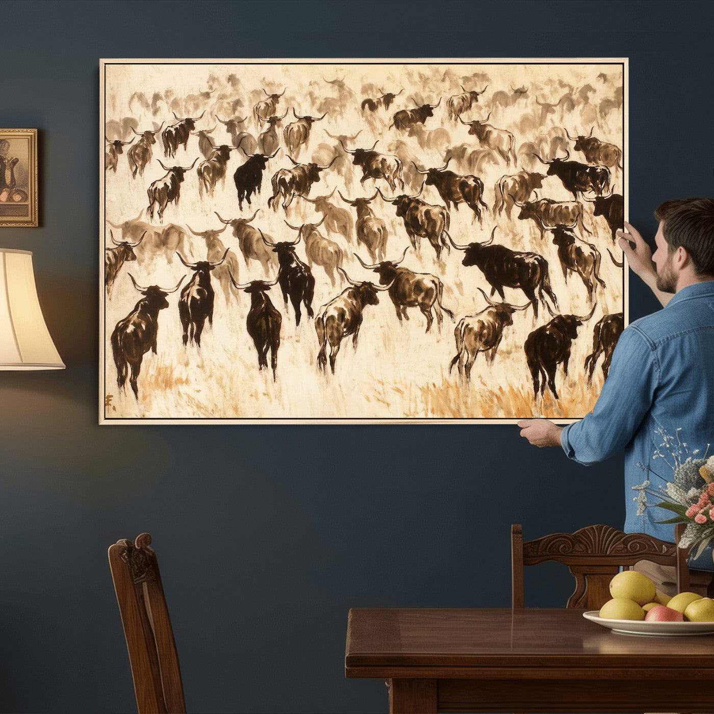 39077774-MGV-CV-36X24 - Texas Longhorn Sepia Canvas Wall Art, Western Cattle Stampede Painting Print, Warm Amber Ranch Decor, Rustic Cowboy Home Art, Large Living Room Decor