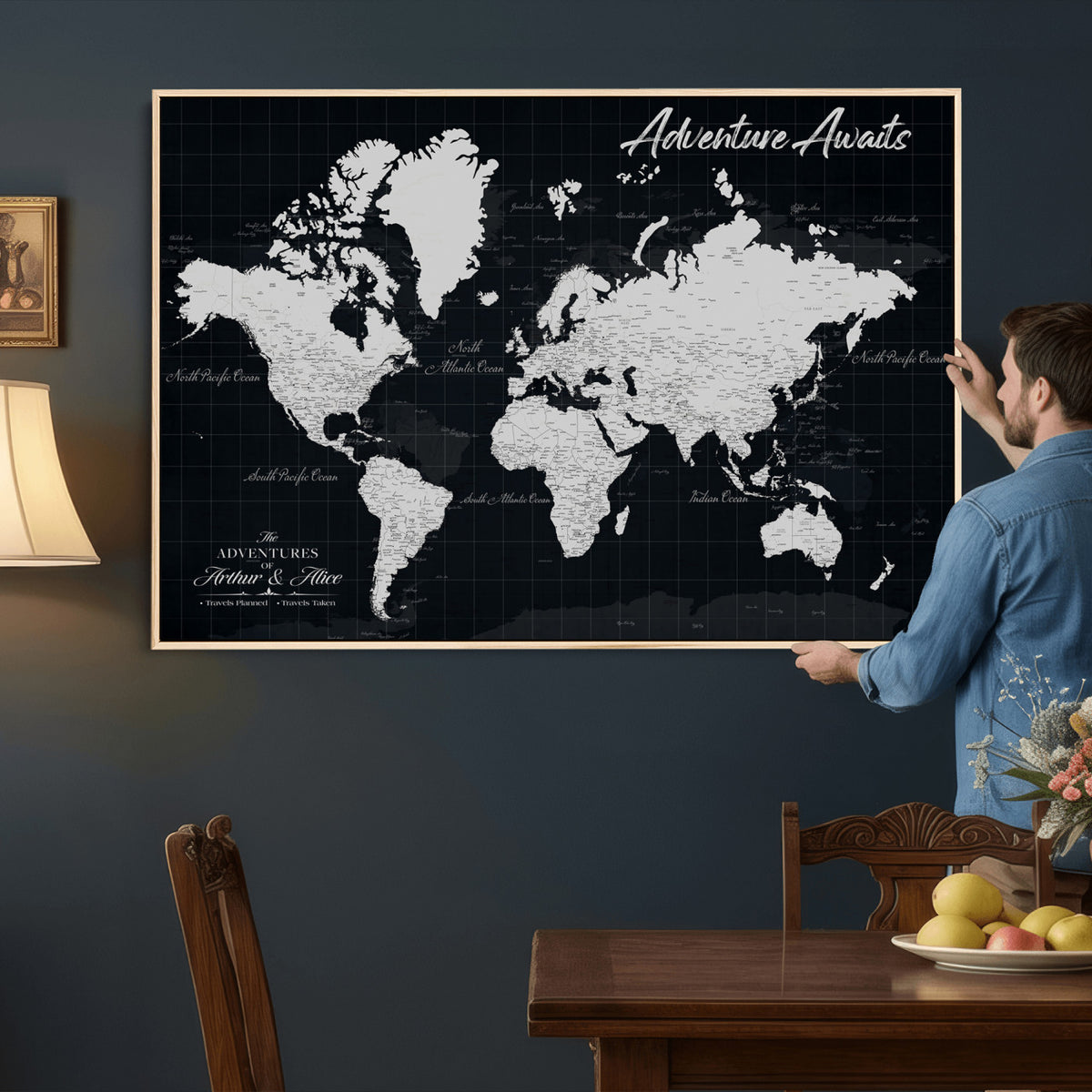 19855445B-MGV-CV-36X24 - Personalized Black Push Pin Travel Map Canvas Print, Couples Countries Visited Map, Entryway and Hallway Decor