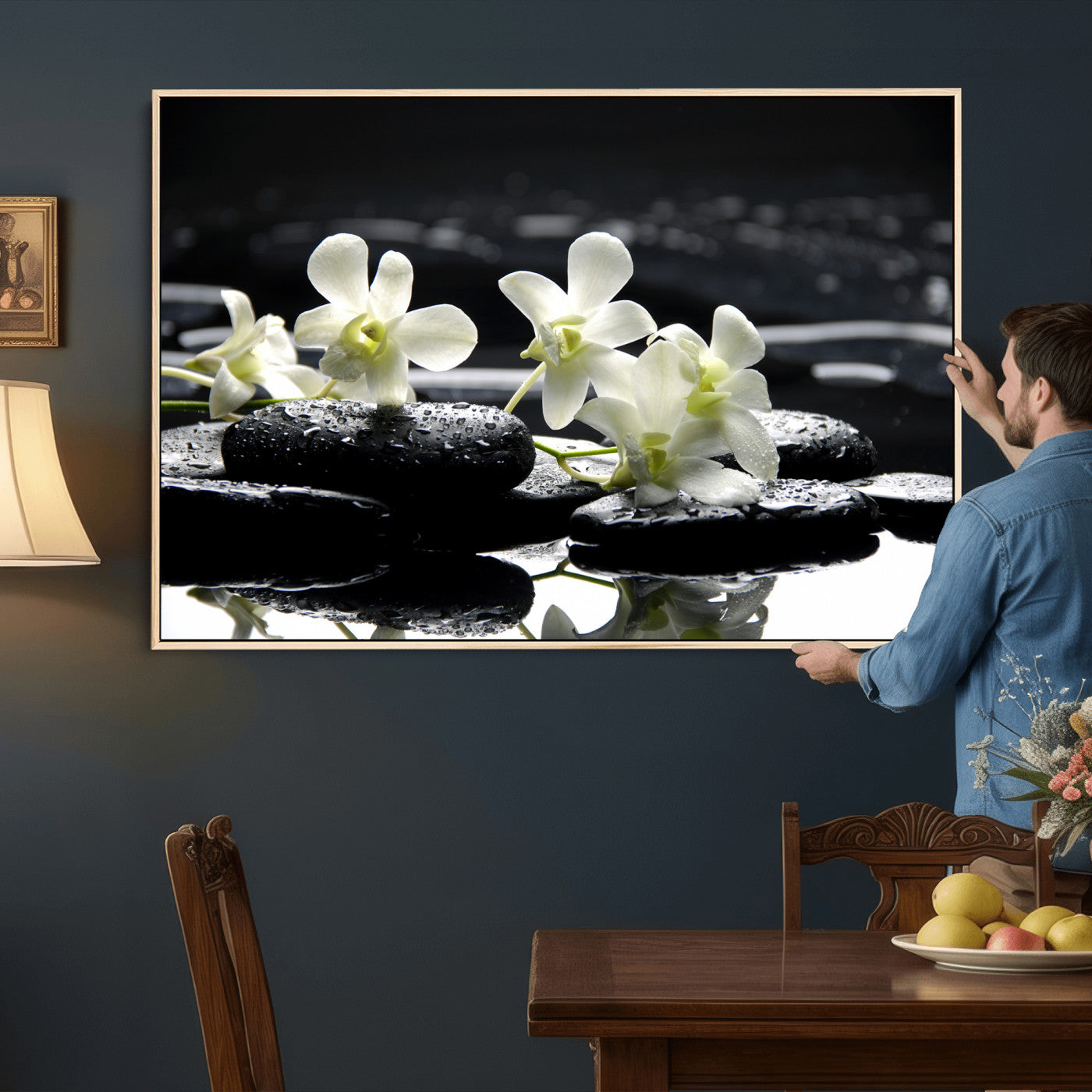 79486206-MGV-CV-36X24 - Plumeria Frangipani Black Stone Canvas | White Flower Spa Photography Print | Tropical Zen Wall Art | Grey Pebble Floral for Meditation Room Decor