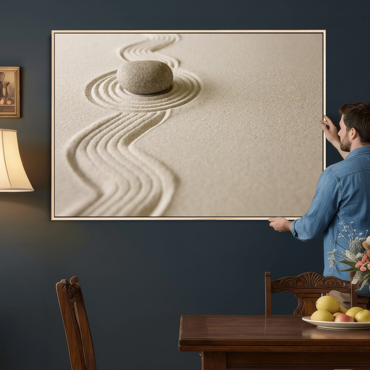 66852661-MGV-CV-36X24 - Zen Garden Stone Sand Canvas | Japanese Rock Garden Wall Art | Minimalist Meditation Print | Neutral Beige Mindfulness Decor