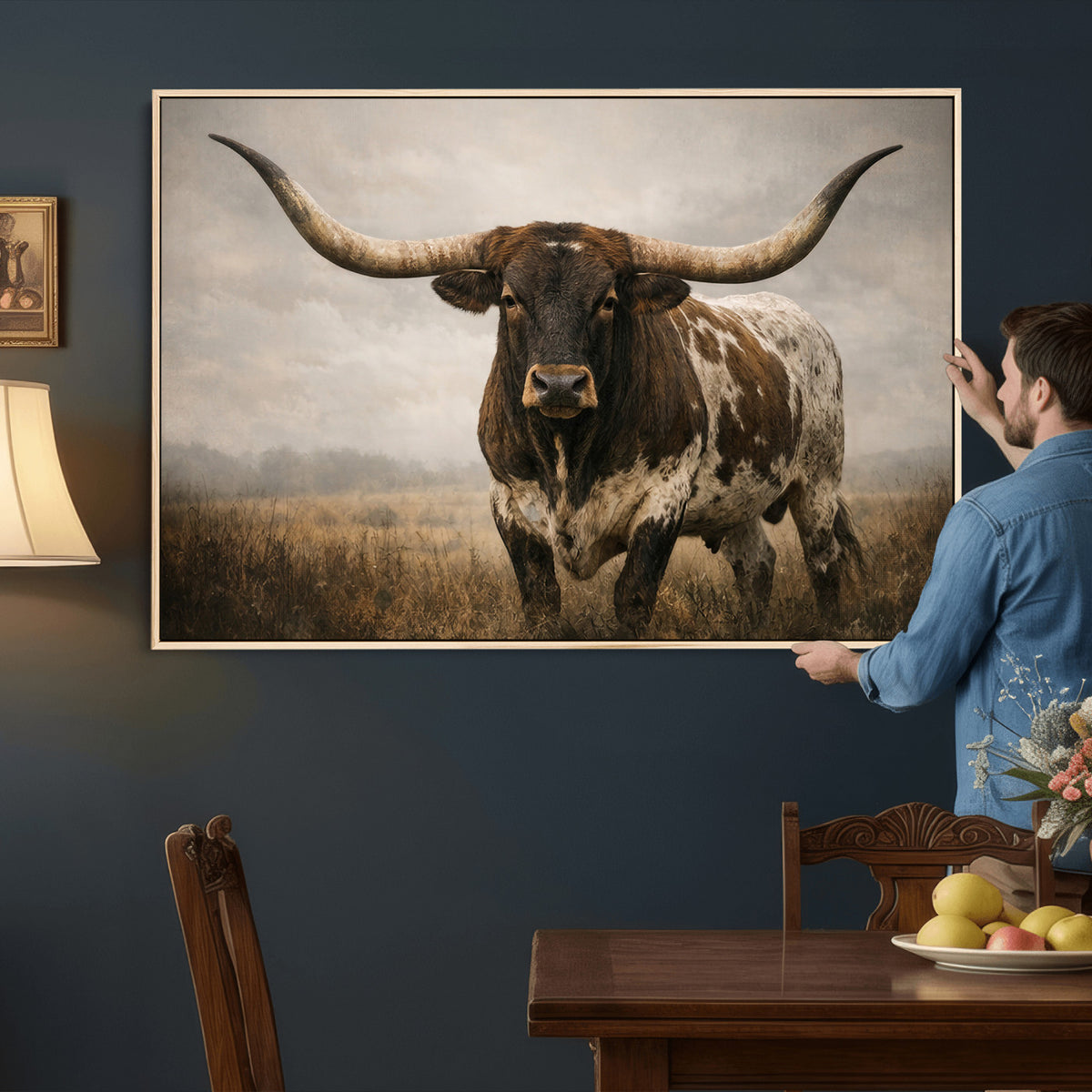 17622011L-_Poster-30x20 - Longhorn Bull Wall Art Canvas Print, Western Farmhouse Decor