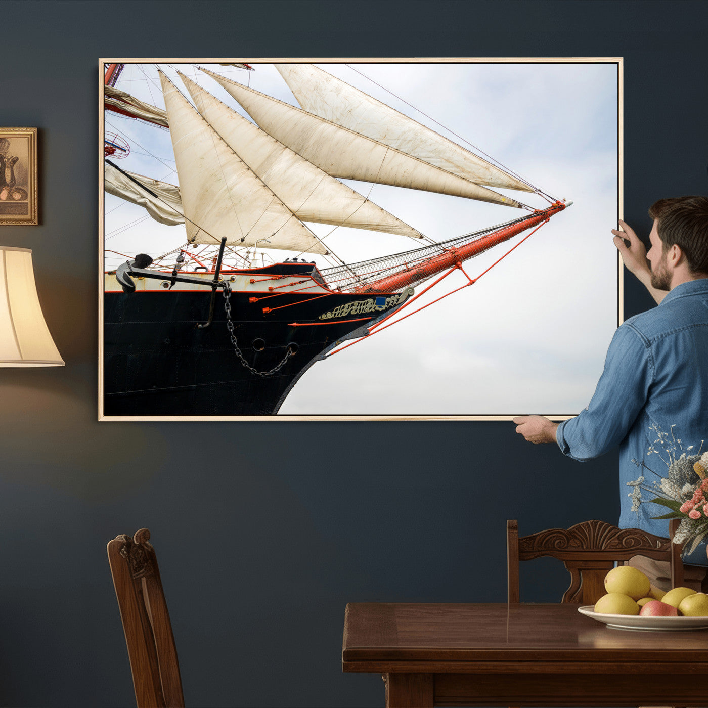 64830036-MGV-CV-36X24 - Sailboat Wall Art Canvas Print, Vintage Ship Bow Framed Artwork, Nautical Sailing Decor for Living Room Office Beach House