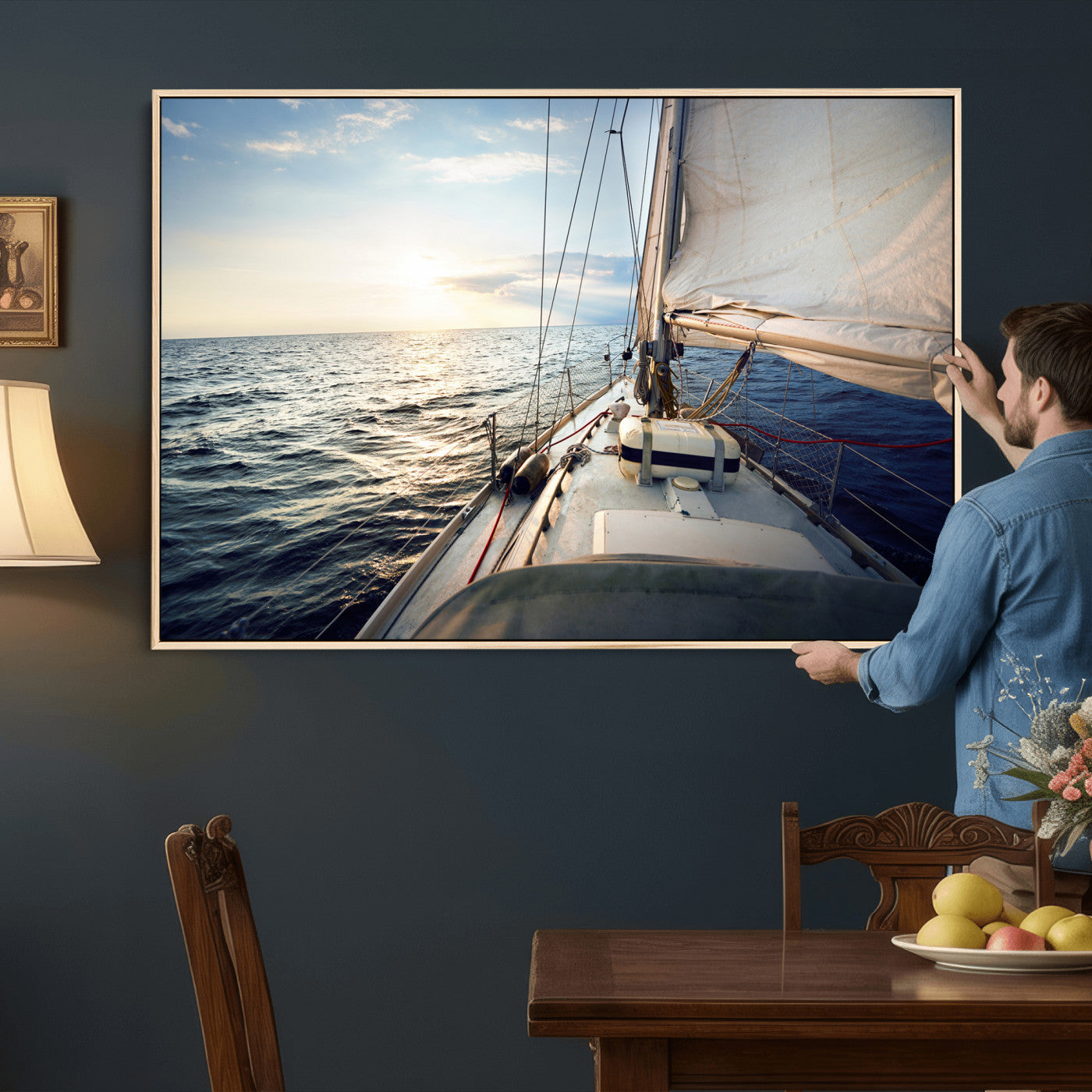 76381335-MGV-CV-36X24 - Sailboat Wall Art Canvas Print, Ocean Sunset Sailing Framed Artwork, Coastal Nautical Seascape Decor for Living Room Office Beach House