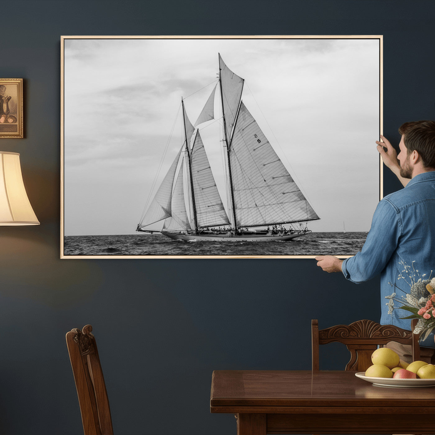 52882918-MGV-CV-36X24 - Vintage Sailboat Wall Art Canvas Print, Black and White Schooner Framed Artwork, Nautical Ocean Sailing Decor for Living Room Office Beach House