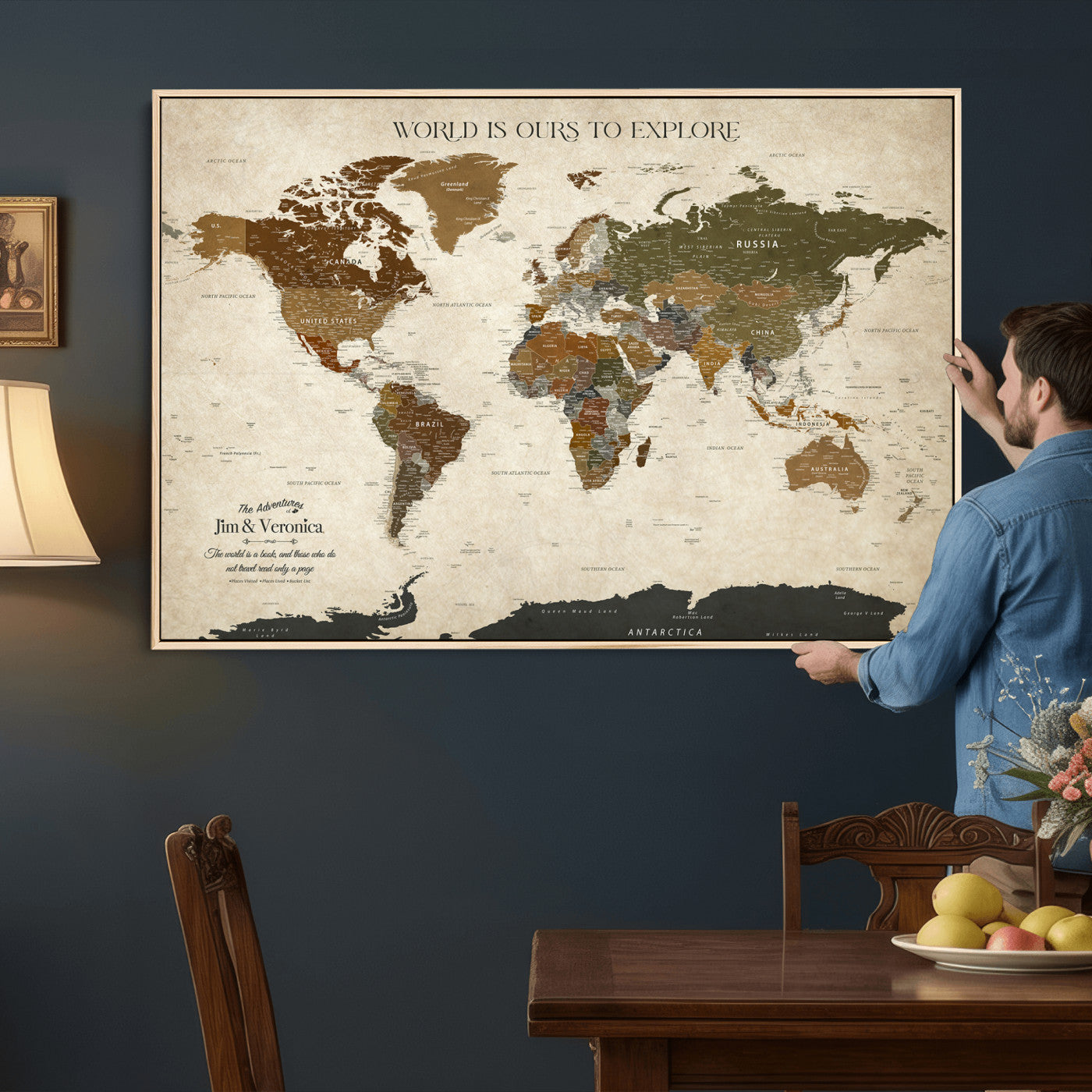 64110391126O-MGV-CV-36X24 - Custom Push Pin World Map Wall Art Canvas Print – Personalized Travel Tracker with Pins Framed Large for Home and Office Decor