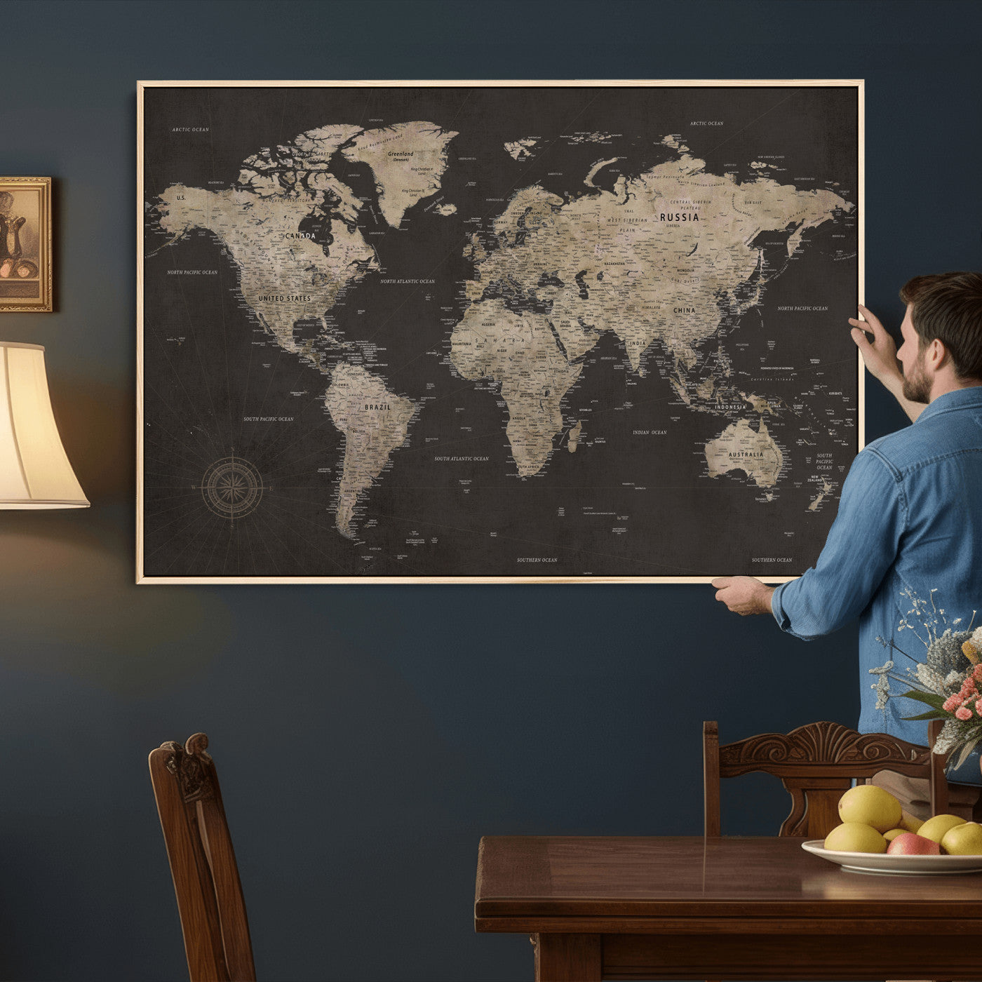 56556018136-MGV-CV-36X24 - World Map Canvas Wall Art Dark Charcoal Antique Tan Detailed Every Country Labeled Framed Large for Home Office Living Room Bedroom Decor