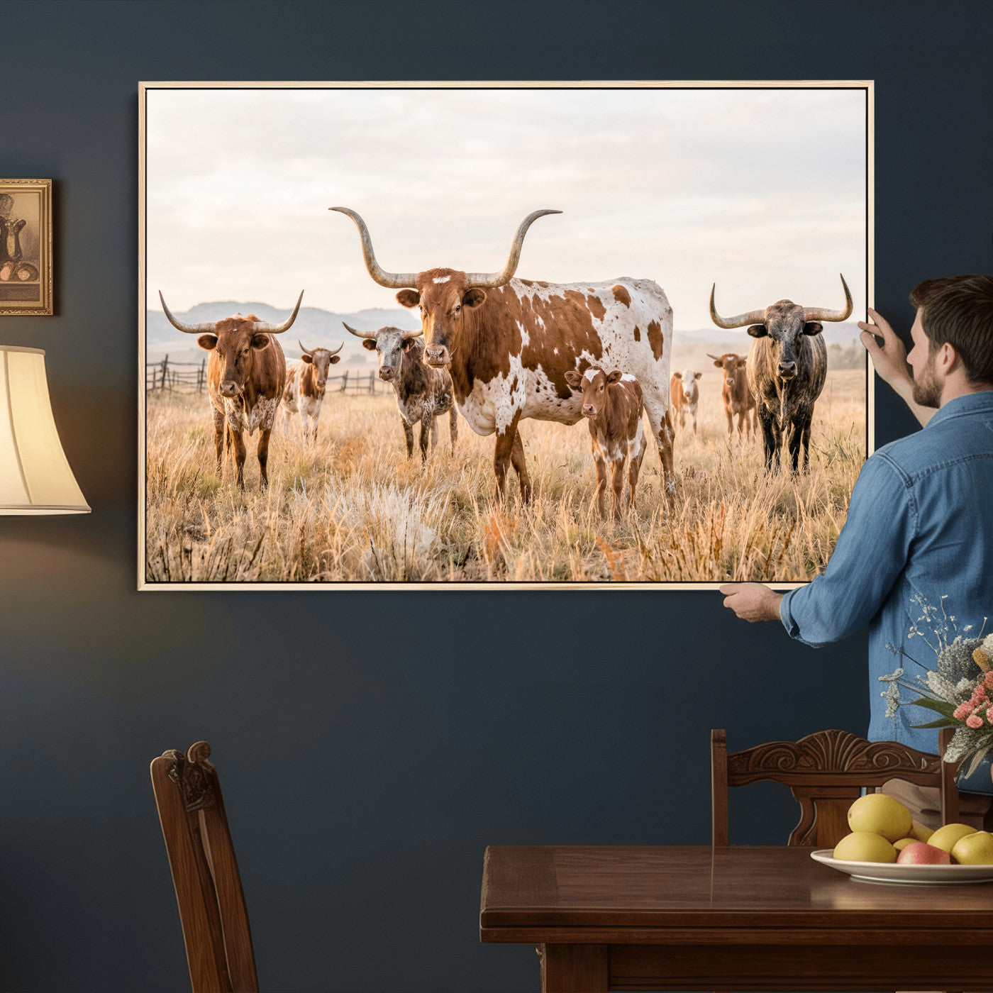 62336425AC-MGV-CV-36X24 - Texas Longhorn Canvas Wall Art, Rustic Farm Animal Photography Print, Farmhouse Country Decor, Western Ranch Art