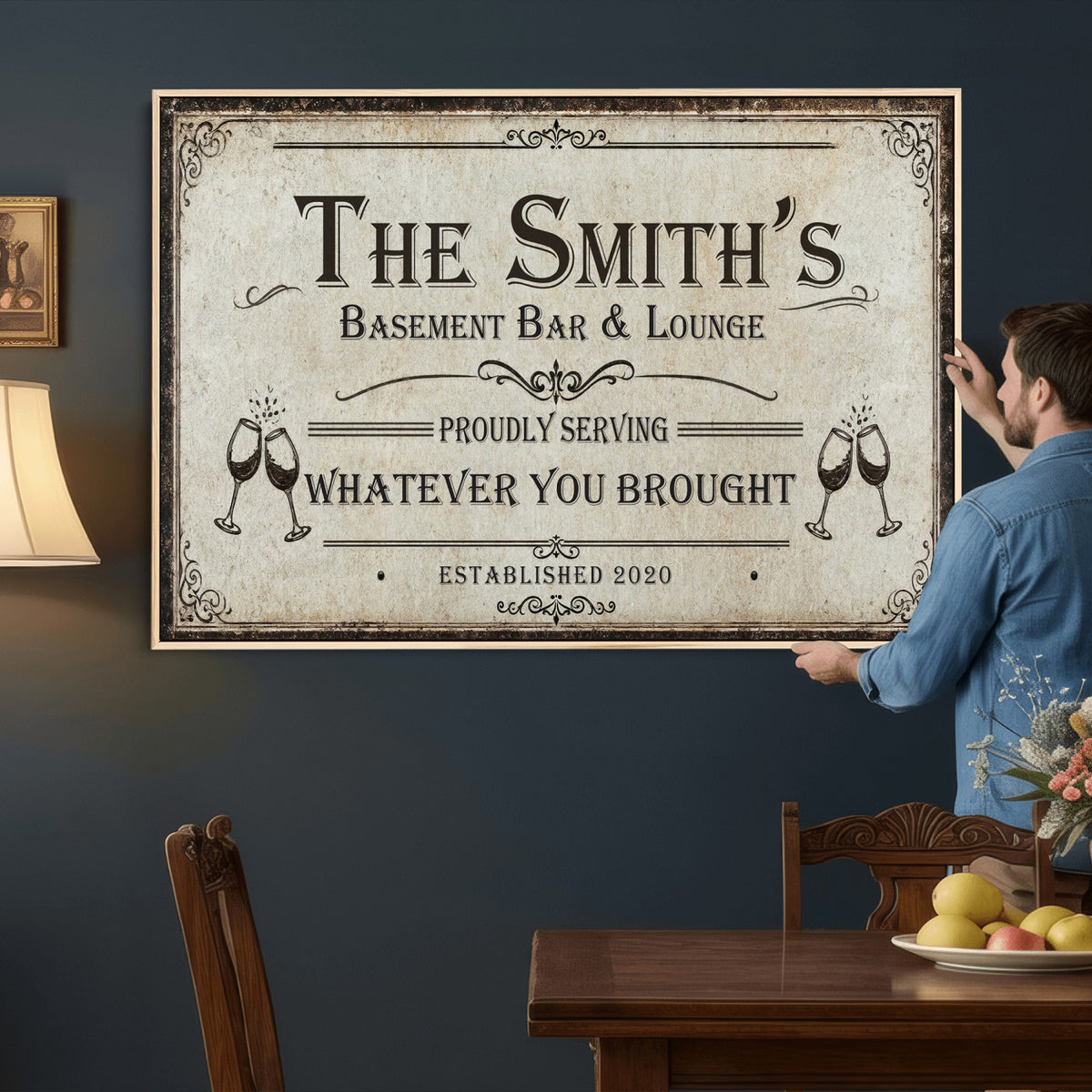 Custom Basement Bar & Lounge Sign Canvas, Personalized Family Name Art