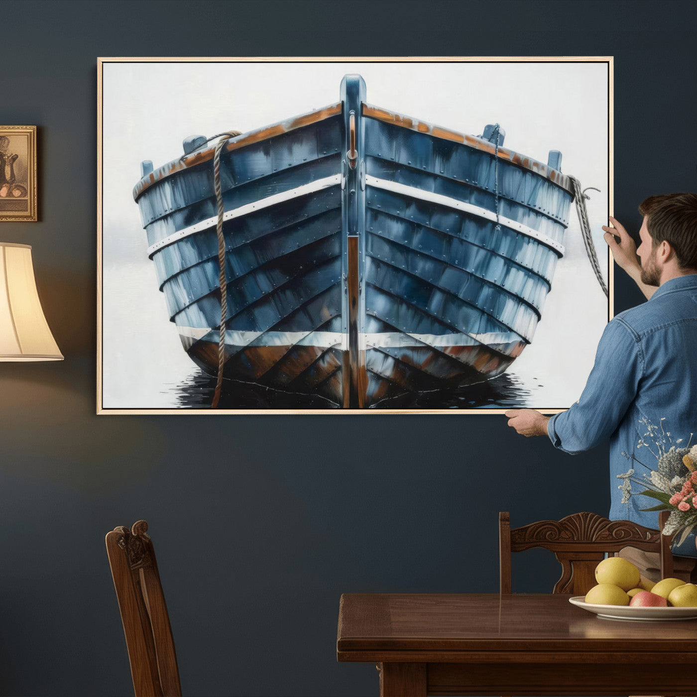 21601740-MGV-CV-36X24 - Blue Wooden Rowboat Canvas Wall Art, Coastal Nautical Boat Painting Print for Lake Beach House Decor, Minimalist Maritime Decor Artwork