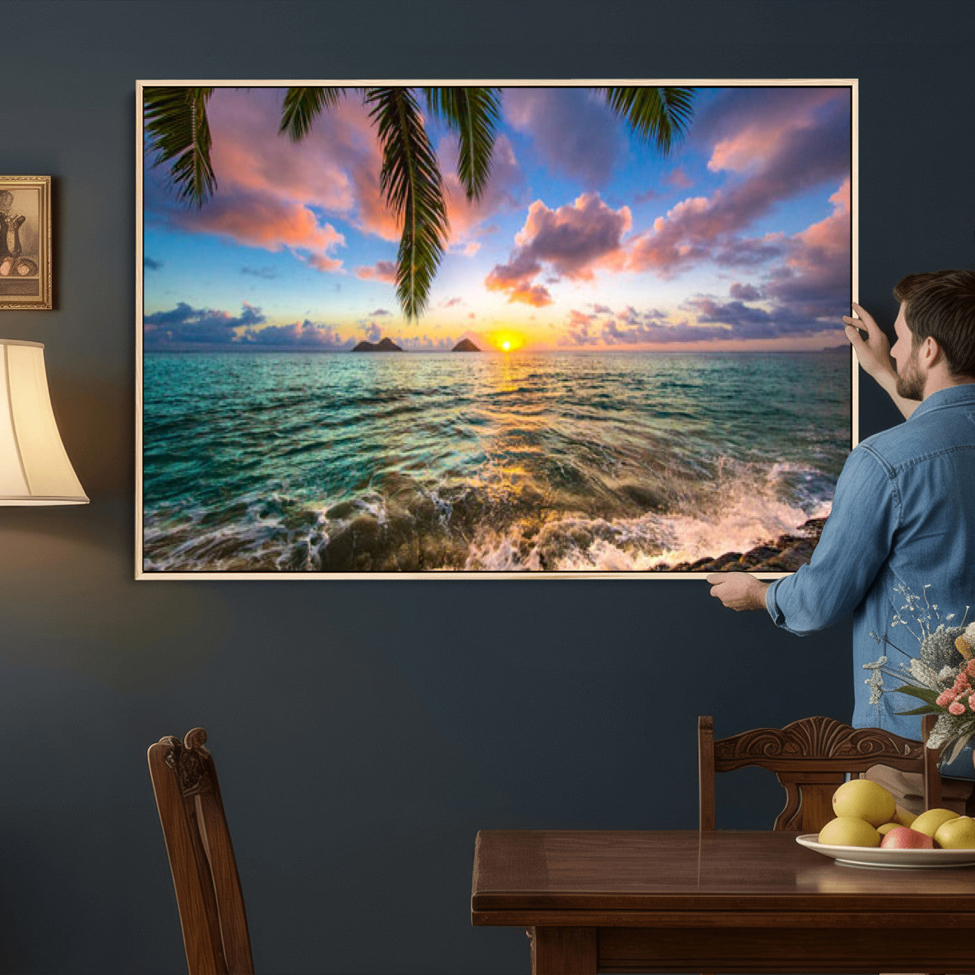 13207742-MGV-CV-36X24 - Hawaii Beach Sunset Canvas Wall Art Print, Tropical Ocean Landscape Artwork, Palm Tree Coastal Decor for Living Room Bedroom