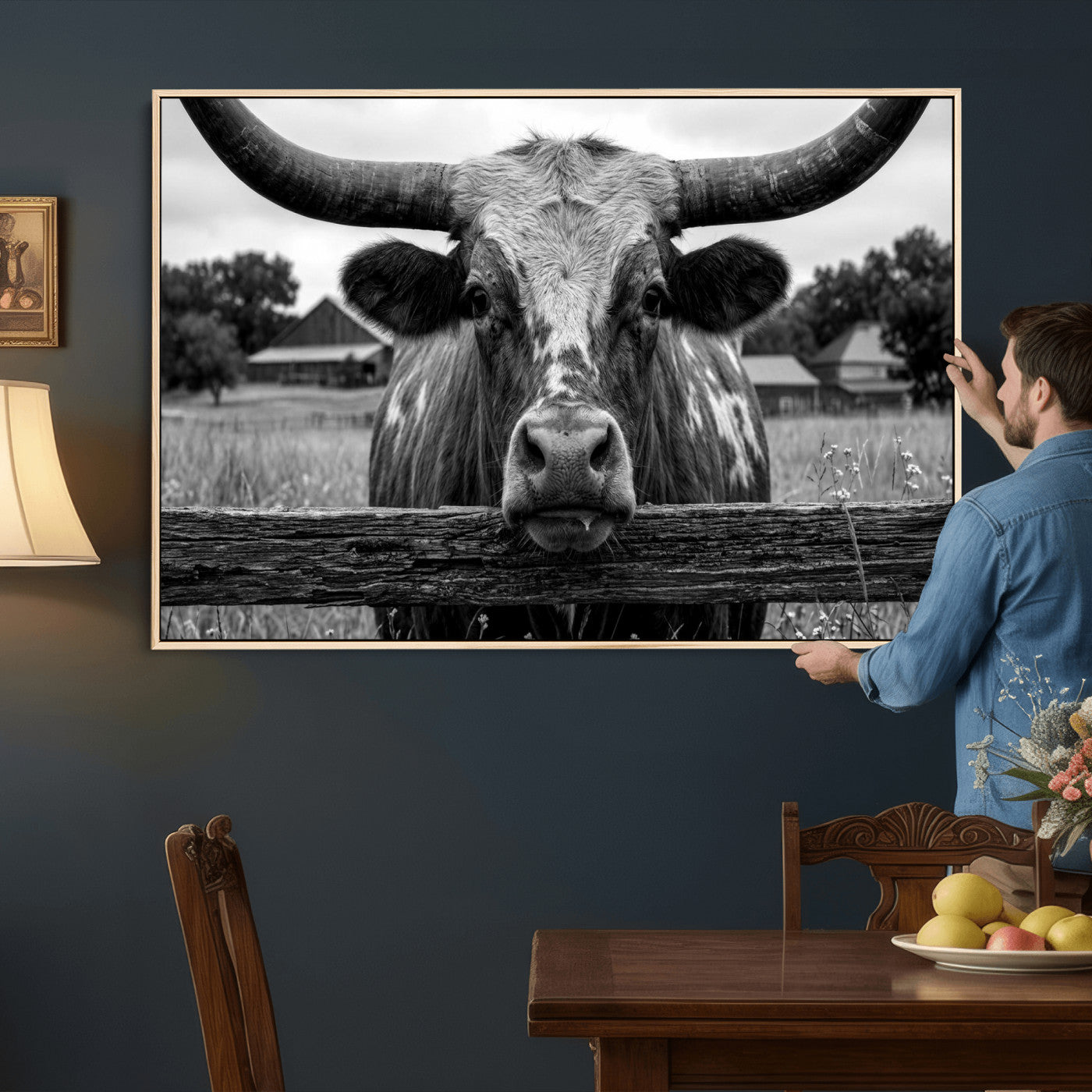 59378683B-MGV-CV-36X24 - Black White Texas Longhorn Bull Canvas Wall Art, Western Ranch Cattle Photography Print, Rustic Farmhouse Cowboy Decor Artwork