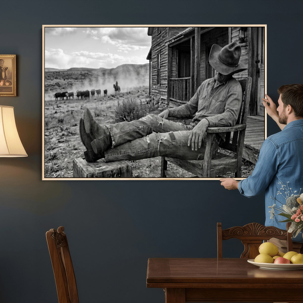 94461975S-MGV-CV-36X24 - Vintage Sleeping Cowboy Wall Art Canvas Print, Western Home Decor