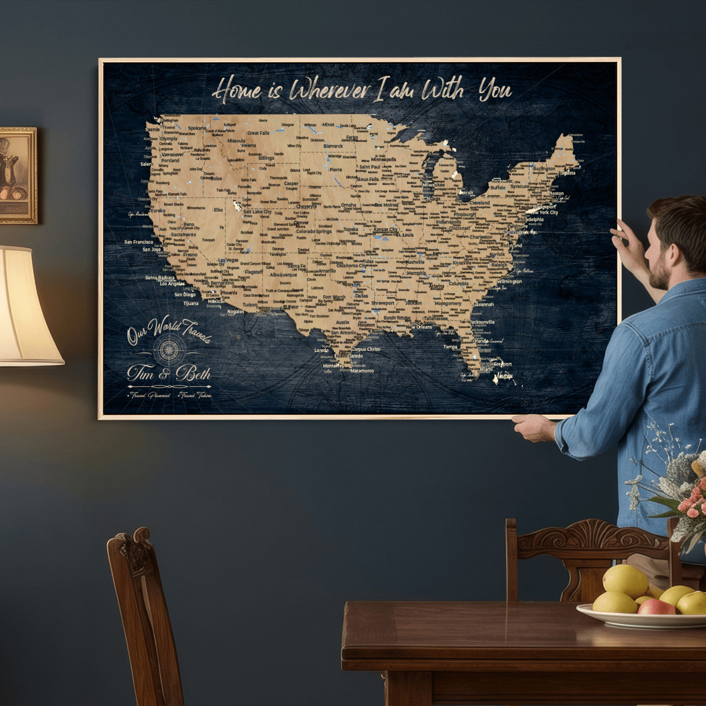 48467834-MGV-CV-36X24 - Custom Push Pin US Map Canvas | Personalized Travel Tracker | USA Cities Map Anniversary Gift for Couples | Adventure America Map Wall Art with Pins