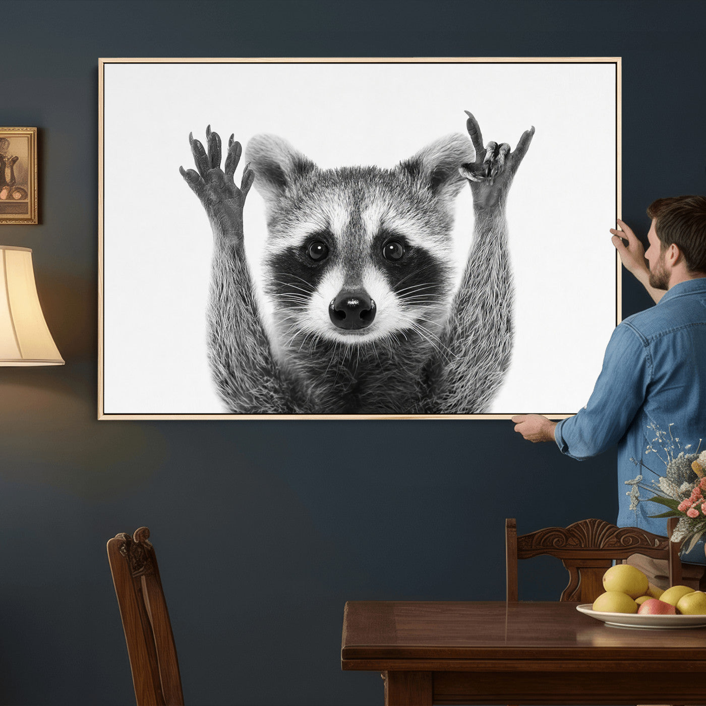 82392228-MGV-CV-36X24 - Funny Raccoon Canvas Wall Art, Black White Hands Up Animal Photo Print, Humorous Wildlife Decor, Kids Room Nursery Art, Quirky Animal Gift