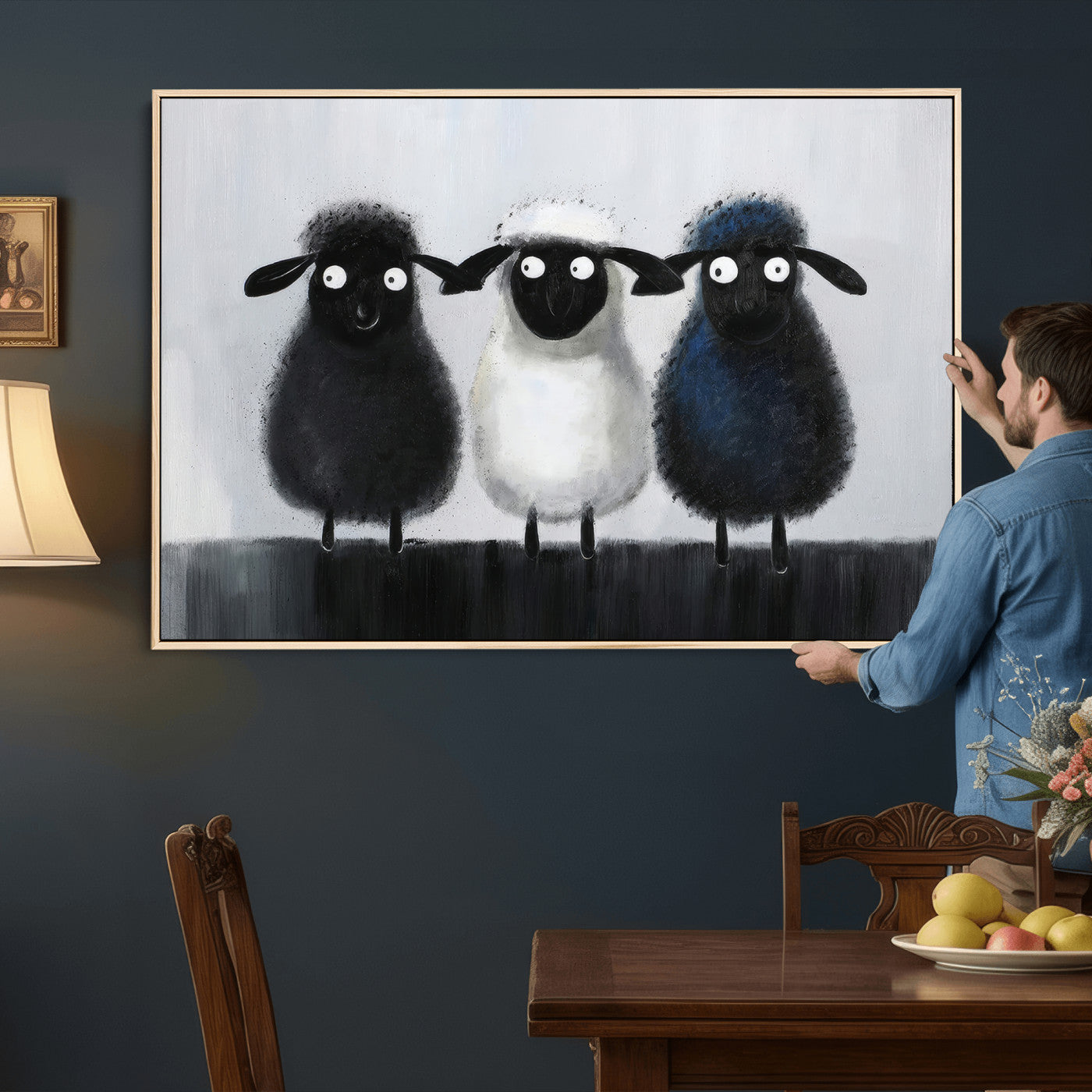 45650028-MGV-CV-36X24 - Funny Sheep Canvas Wall Art, Three Quirky Sheep Painting Print, Cute Animal Nursery Decor, Black White Navy Farmhouse Art, Kids Room Gift