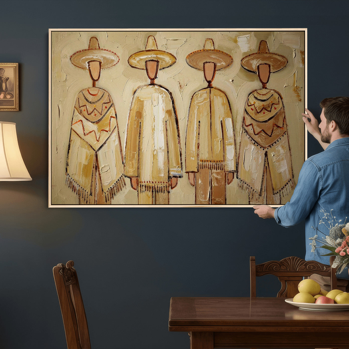 46071653-MGV-CV-36X24 - Mexican Folk Art Canvas Wall Art, Charro Poncho Sombrero Painting Print, Neutral Beige Boho Decor, Southwestern Impasto Style, Living Room Art