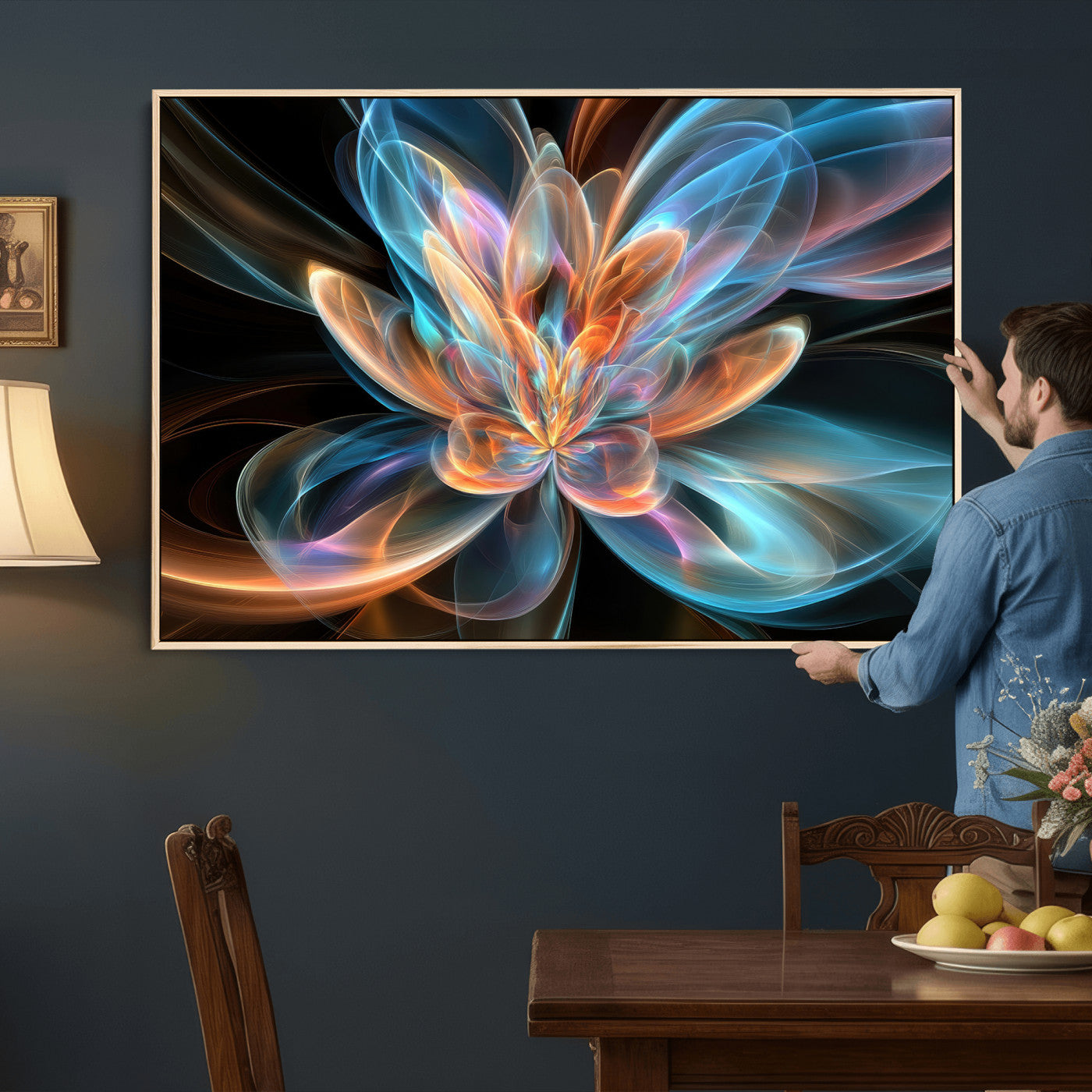 91902283-MGV-CV-36X24 - Fractal Lotus Canvas Wall Art, Blue Orange Glowing Flower Abstract Print, Modern Zen Meditation Room Decor, Ethereal Digital Art, Living Room