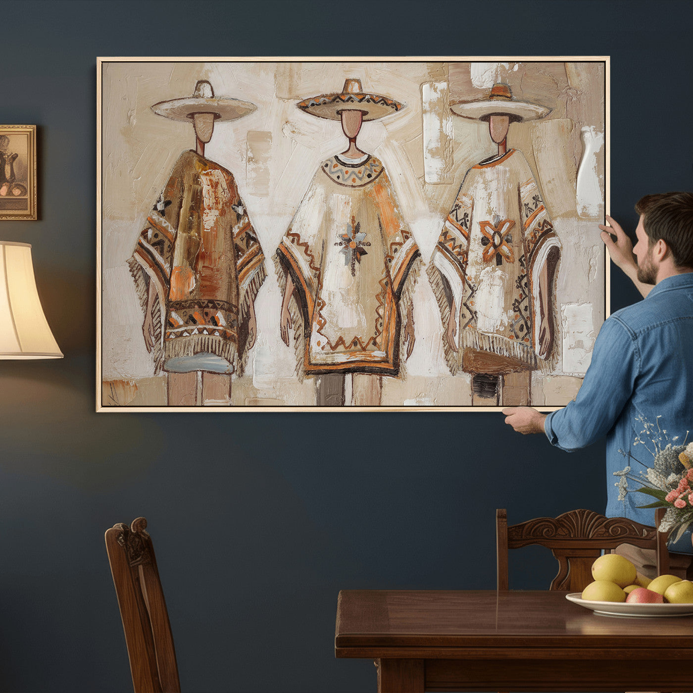 85373290-MGV-CV-36X24 - Mexican Folk Art Canvas Wall Art, Charro Poncho Sombrero Painting Print, Neutral Beige Boho Decor, Southwestern Impasto Style, Living Room Art