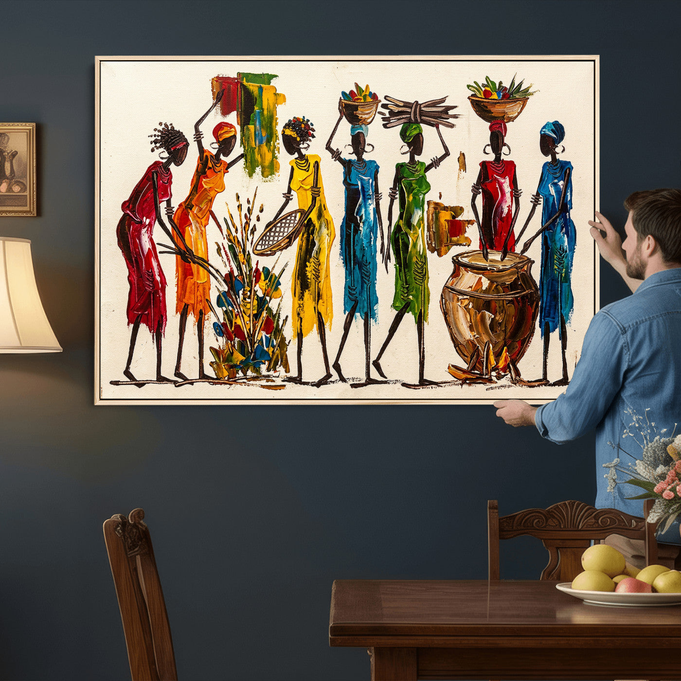 83463154-MGV-CV-36X24 - African Folk Art Canvas Wall Art, Colorful African Women Village Painting Print, Tribal Ethnic Home Decor, Vibrant African Art, Living Room