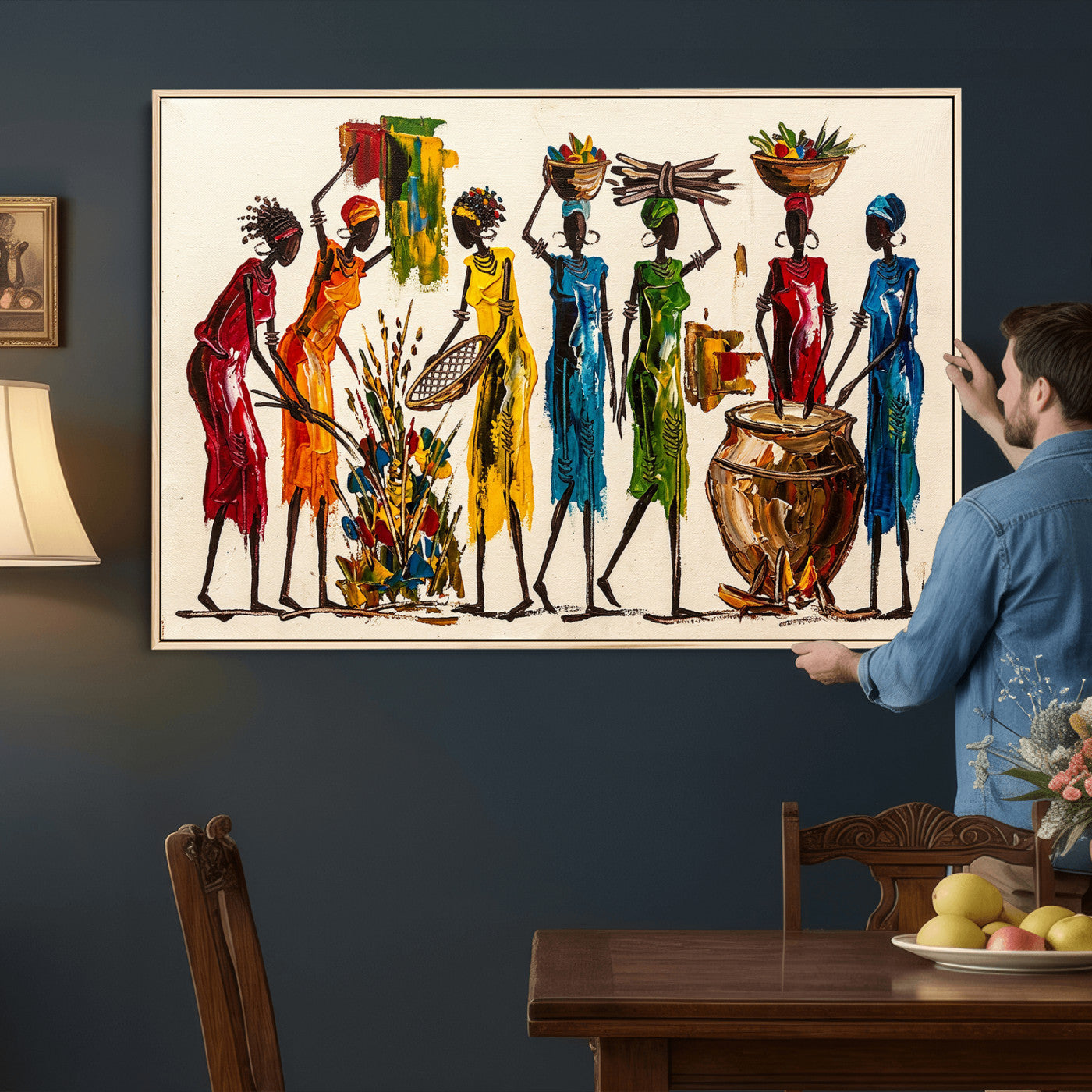 83463154-MGV-CV-36X24 - African Folk Art Canvas Wall Art, Colorful African Women Village Painting Print, Tribal Ethnic Home Decor, Vibrant African Art, Living Room