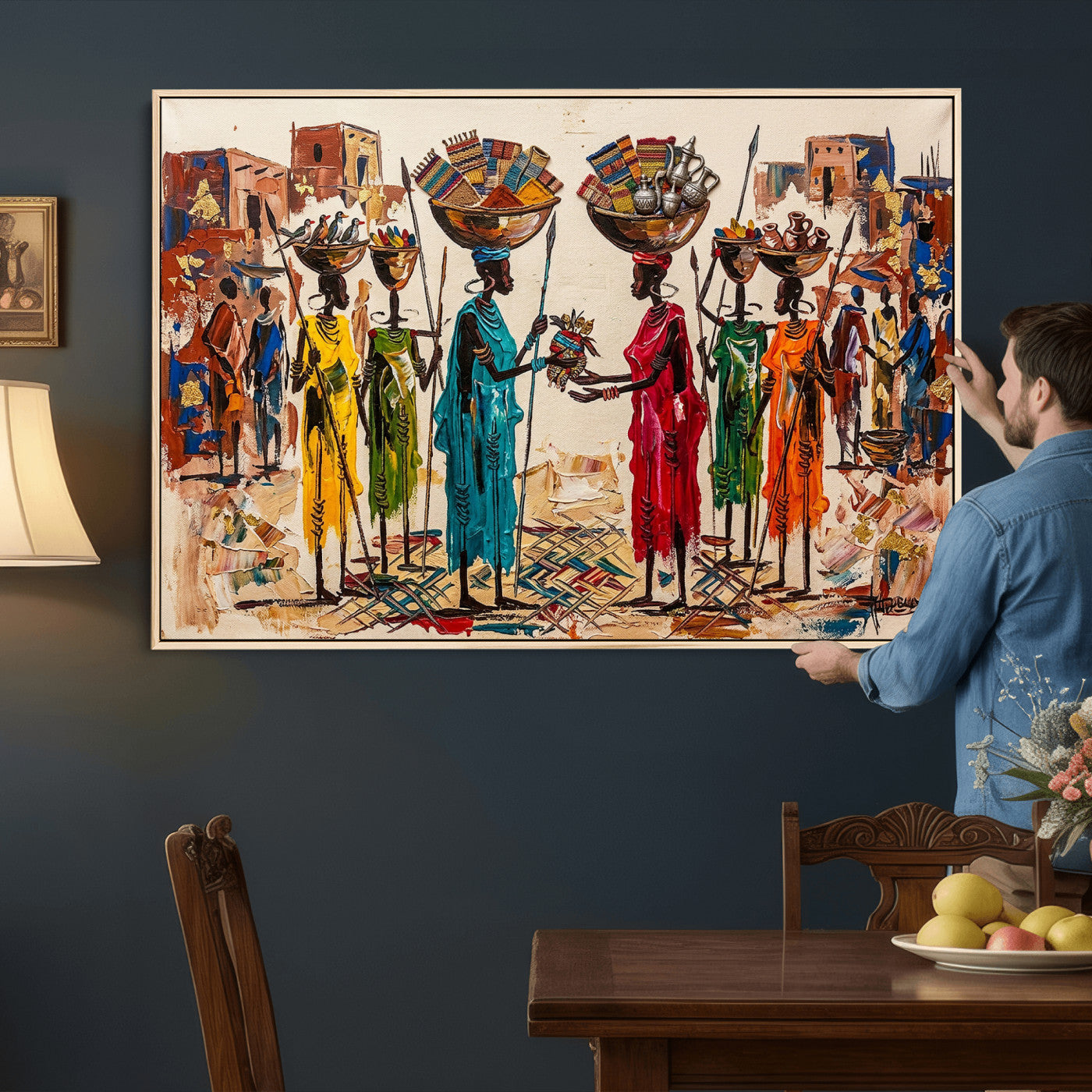 54818657-MGV-CV-36X24 - African Folk Art Canvas Wall Art, Colorful African Women Village Painting Print, Tribal Ethnic Home Decor, Vibrant African Art, Living Room