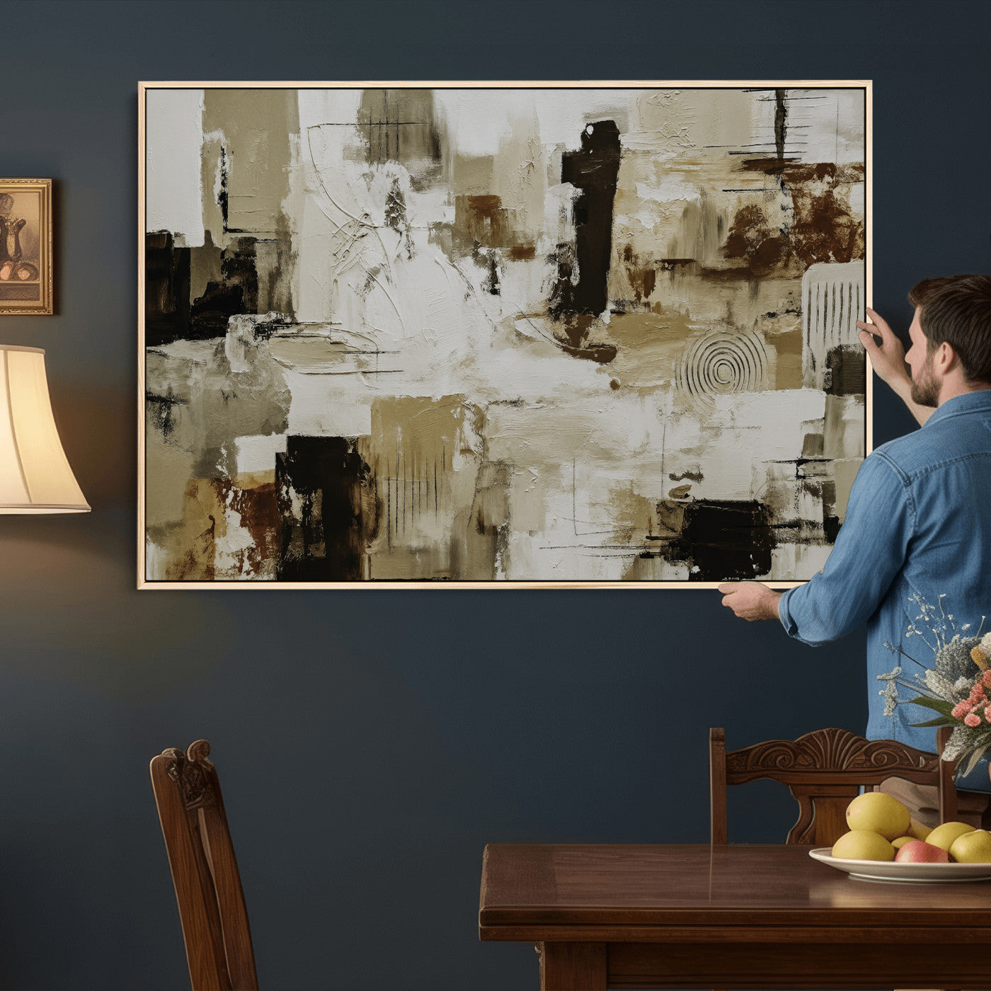 26560159-MGV-CV-36X24 - Blue Teal Abstract Canvas Wall Art, Modern Textured Painting Print, Navy Orange White Contemporary Art, Neutral Living Room Decor, Office Art