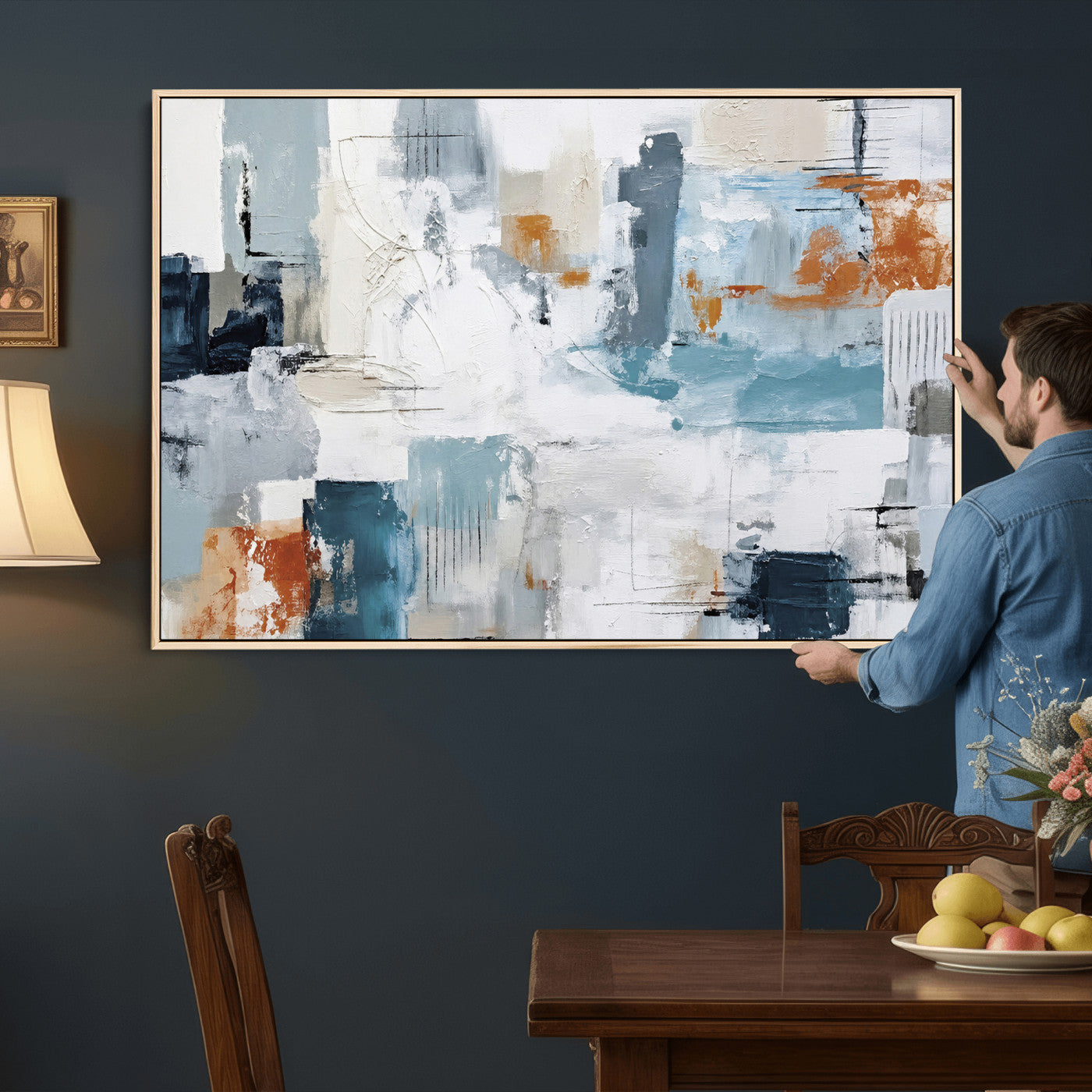 98638479-MGV-CV-36X24 - Blue Teal Abstract Canvas Wall Art, Modern Textured Painting Print, Navy Orange White Contemporary Art, Neutral Living Room Decor, Office Art