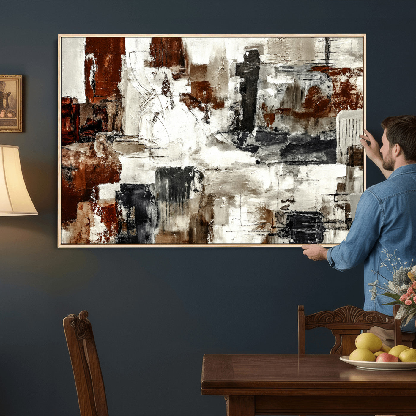 53022468-MGV-CV-36X24 - Blue Teal Abstract Canvas Wall Art, Modern Textured Painting Print, Navy Orange White Contemporary Art, Neutral Living Room Decor, Office Art