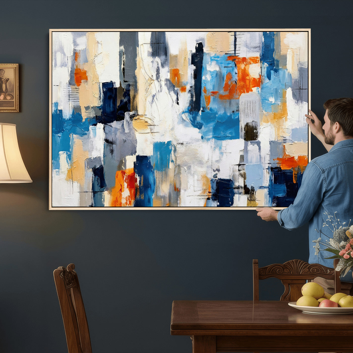 83915061-MGV-CV-36X24 - Blue Teal Abstract Canvas Wall Art, Modern Textured Painting Print, Navy Orange White Contemporary Art, Neutral Living Room Decor, Office Art