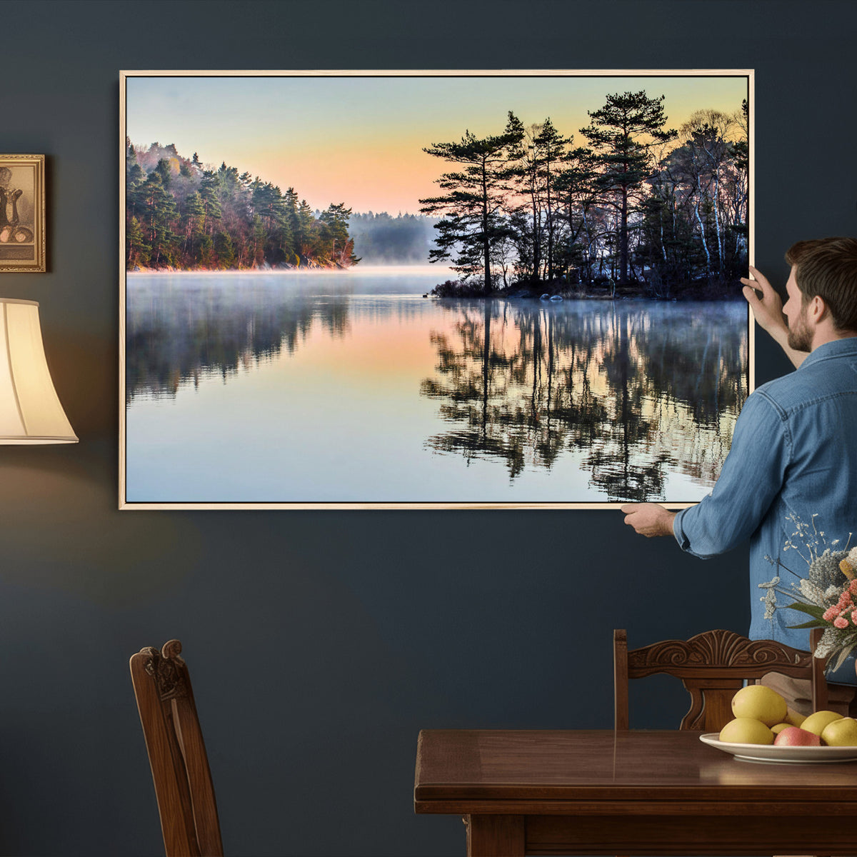 34236027-MGV-CV-36X24 - Before People Wake Canvas Wall Art Print, Misty Lake Sunrise Landscape, Forest Reflection Nature Decor, Ready to Hang