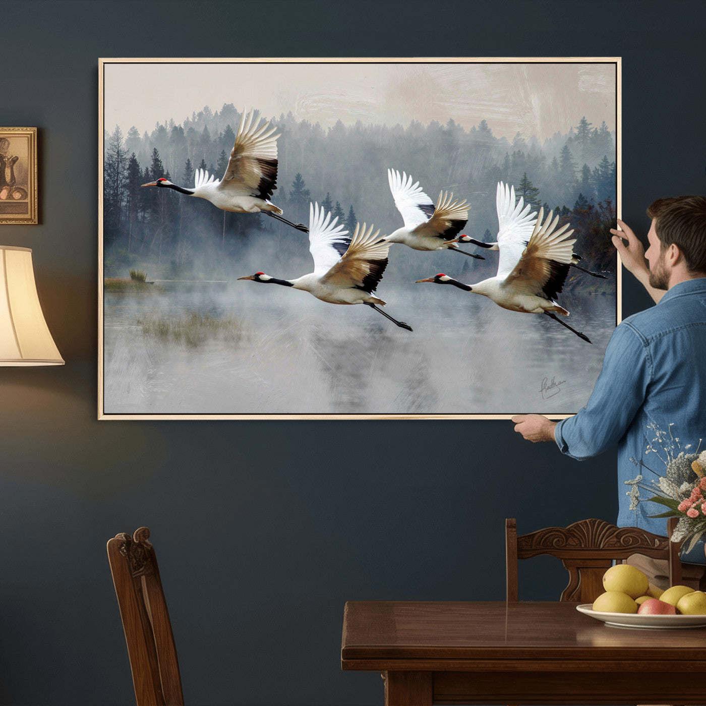 24356826-MGV-CV-36X24 - Flying Crane Canvas Wall Art Print, White Crane Bird Artwork, Wildlife Nature Decor, Lake Landscape Canvas, Ready to Hang