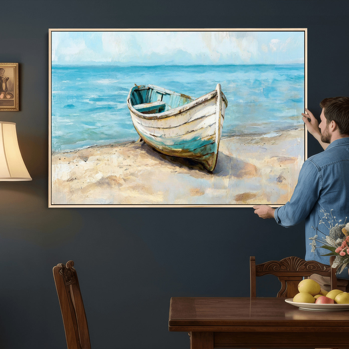 14780565-MGV-CV-36X24 - Coastal Boat Canvas Wall Art Print, Beach Boat Painting, Nautical Ocean Decor, Seascape Wall Art, Ready to Hang