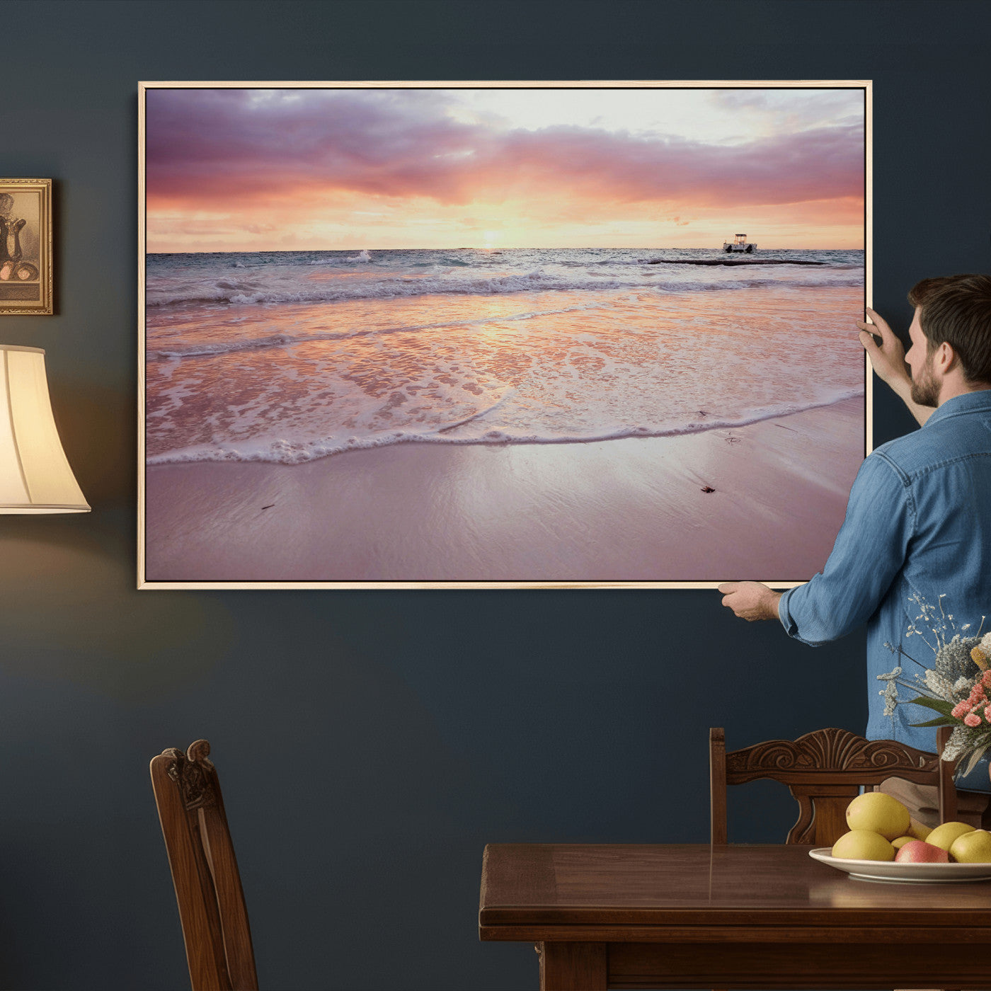 44765395-MGV-CV-36X24 - Beach Sunset Canvas Wall Art Print, Ocean Waves Landscape, Coastal Photography, Seascape Wall Decor, Ready to Hang