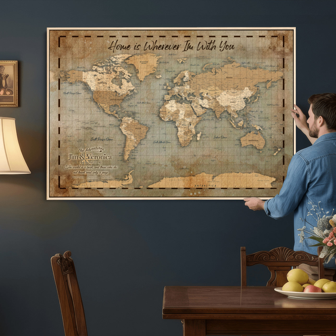 97123877-MGV-CV-36X24 - Vintage Custom Push Pin World Map, Vintage Travel Map Canvas, Personalized Names Anniversary Gift, Places Visited Pin Board, Couples Adventure Art