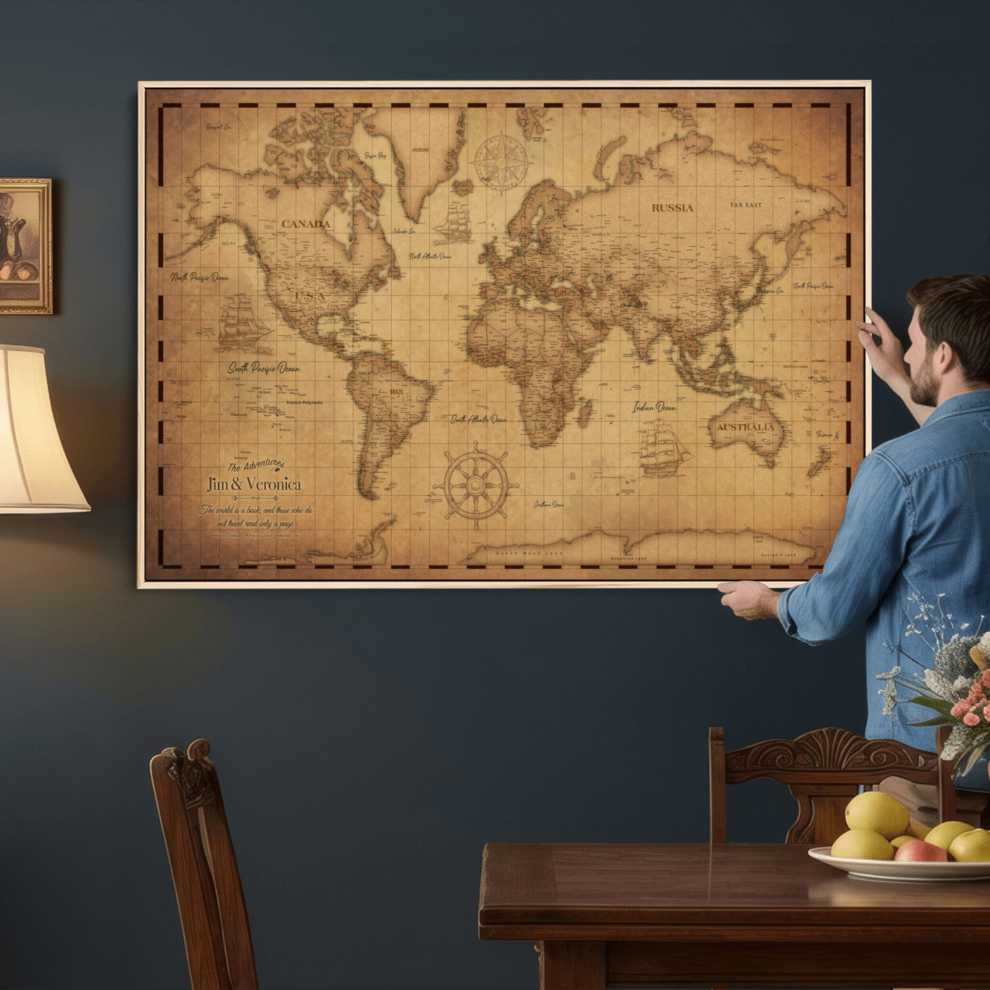 55328610-MGV-CV-36X24 - Personalize Push Pin World Map Wall Art Print - Vintage Travel Map Canvas, Custom Names Anniversary Gift, Places Visited Pin Board