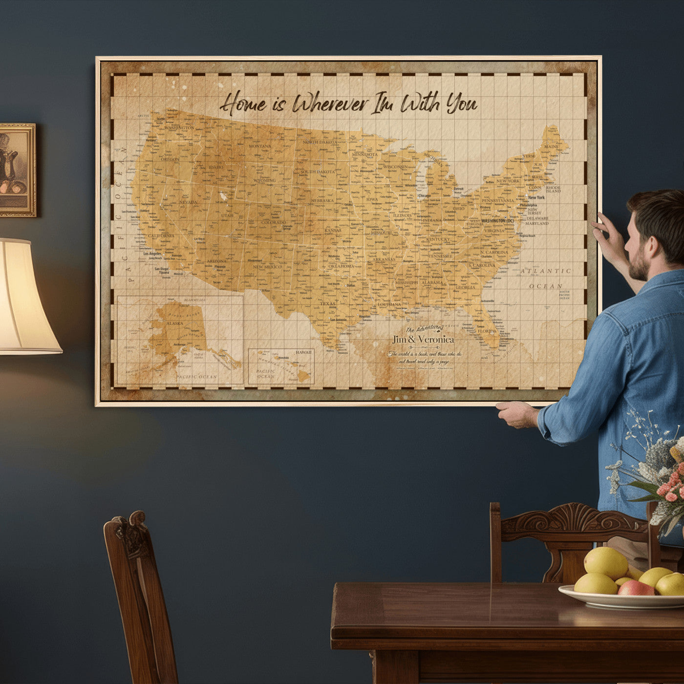 62164711-MGV-CV-36X24 - Personalized USA Push Pin Travel Map, Custom United States Map, Push Pin Map, USA Bucket List Map, Anniversary Gift - Couple Travel Map Wall Art