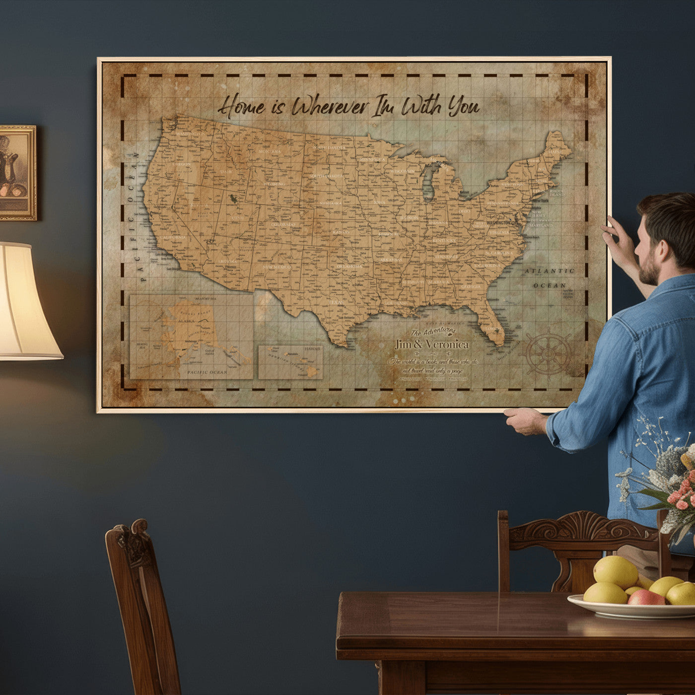 87620242-MGV-CV-36X24 - Personalized USA Push Pin Travel Map, Custom United States Map, Push Pin Map, USA Bucket List Map, Anniversary Gift, Couple Travel Map Wall Art